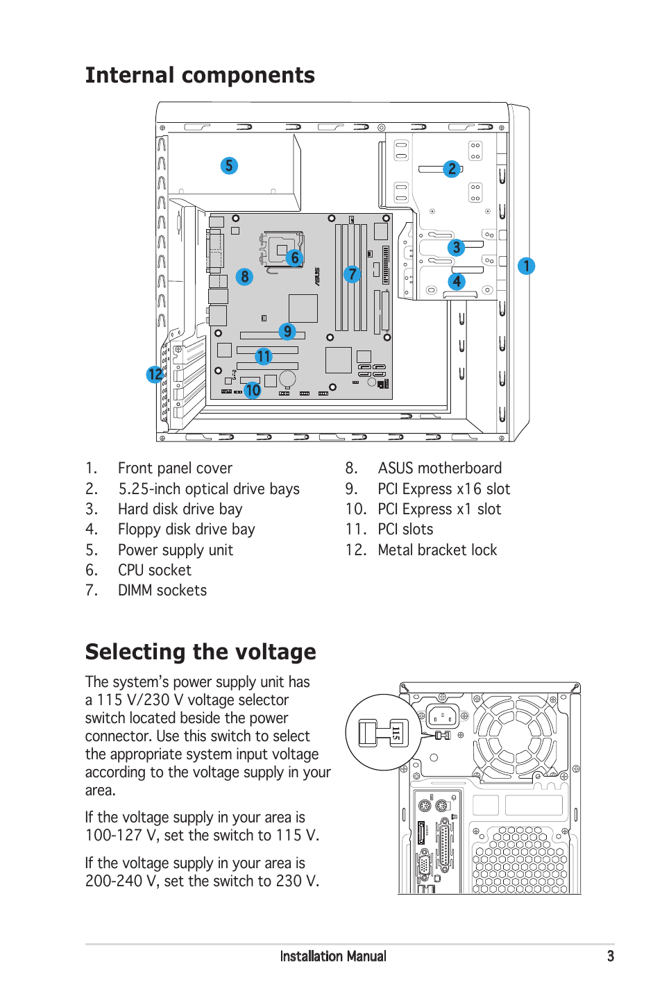 Internal components, Selecting the voltage | Asus V3-P5945G User Manual | Page 3 / 8