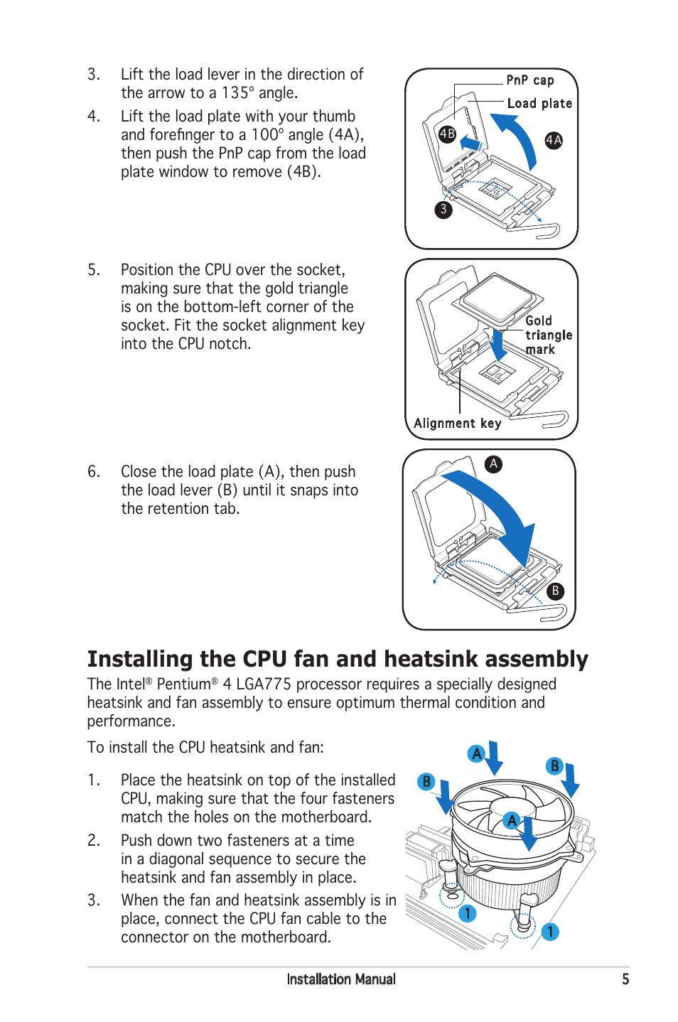 Installing the cpu fan and heatsink assembly | Asus V3-P5945G User Manual | Page 5 / 8