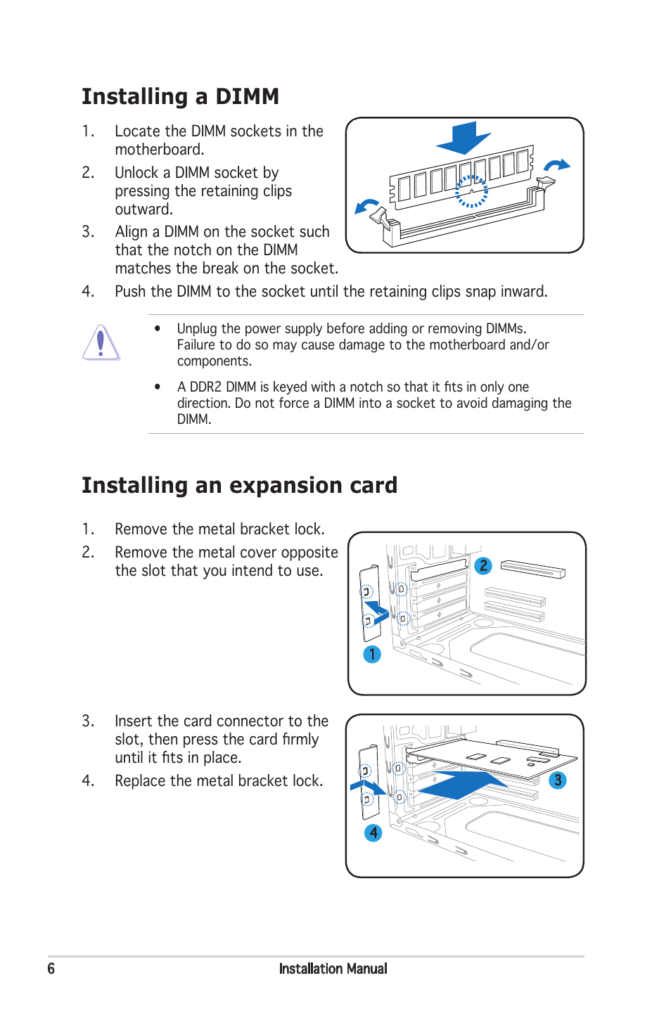 Installing an expansion card installing a dimm | Asus V3-P5945G User Manual | Page 6 / 8