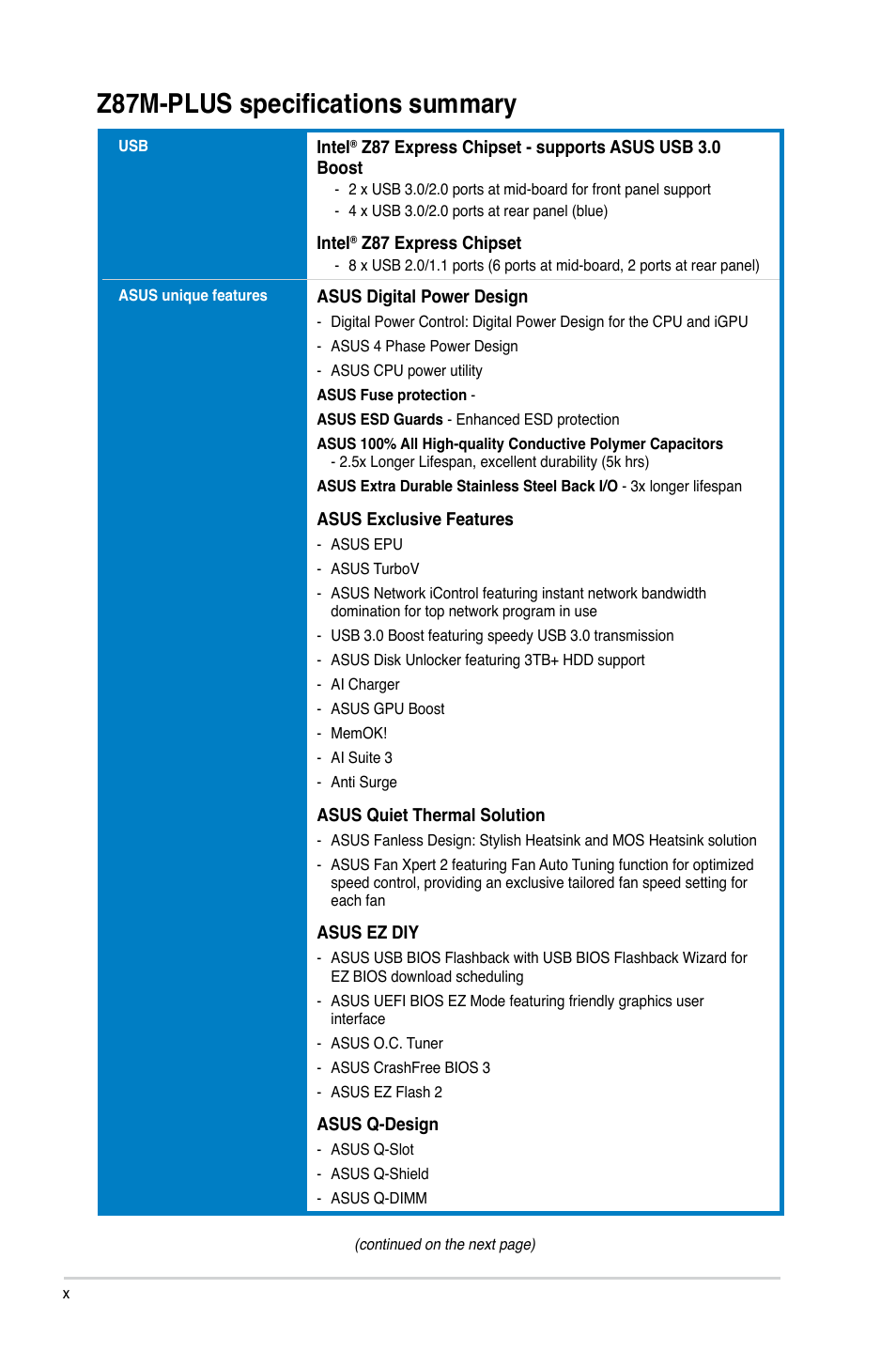 Z87m-plus specifications summary | Asus Z87M-PLUS User Manual | Page 10 / 164