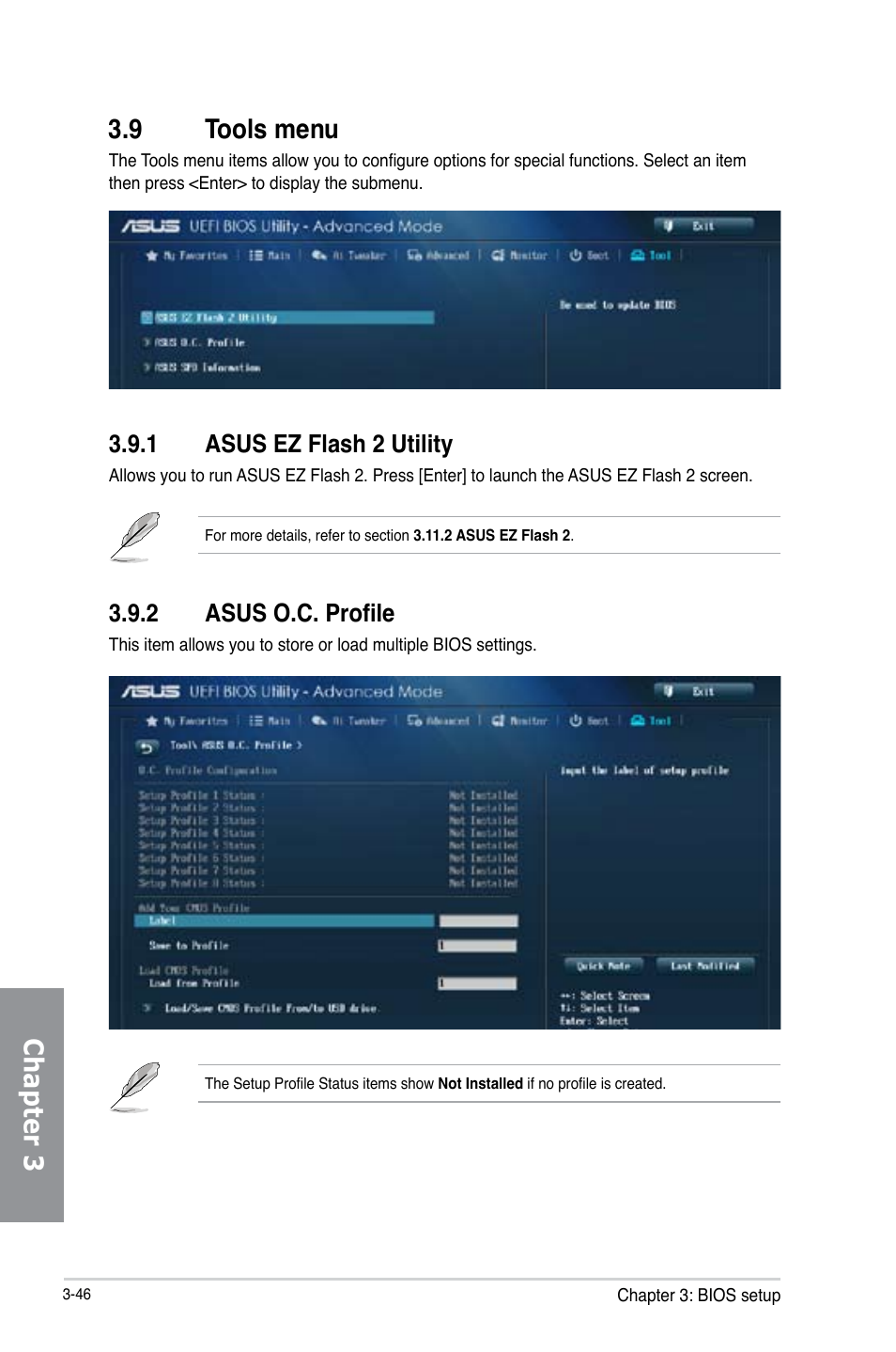 Chapter 3 3.9 tools menu, 1 asus ez flash 2 utility, 2 asus o.c. profile | Asus Z87M-PLUS User Manual | Page 104 / 164