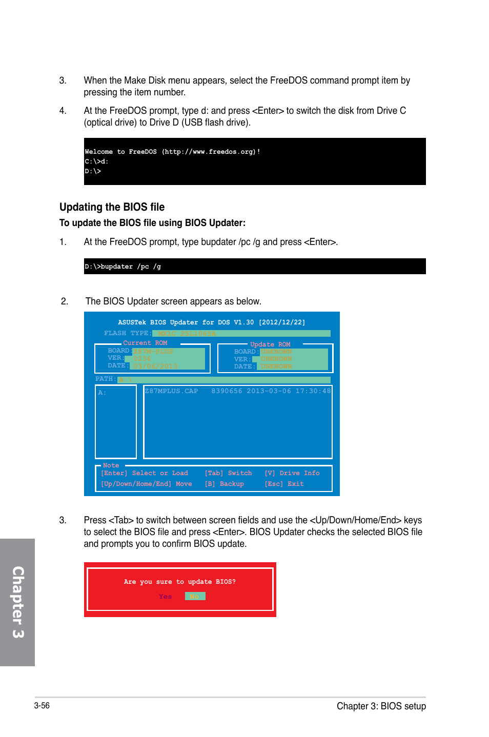 Chapter 3, Updating the bios file | Asus Z87M-PLUS User Manual | Page 114 / 164