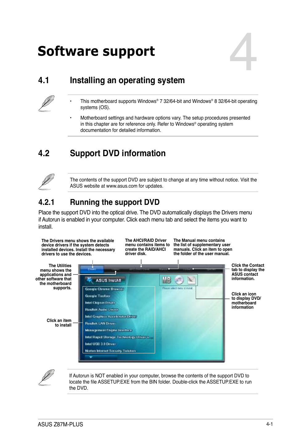 Software support, Chapter 4, 1 installing an operating system | 2 support dvd information, 1 running the support dvd | Asus Z87M-PLUS User Manual | Page 117 / 164