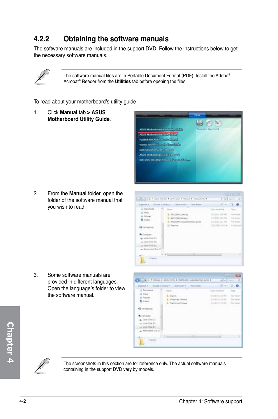 Chapter 4, 2 obtaining the software manuals | Asus Z87M-PLUS User Manual | Page 118 / 164
