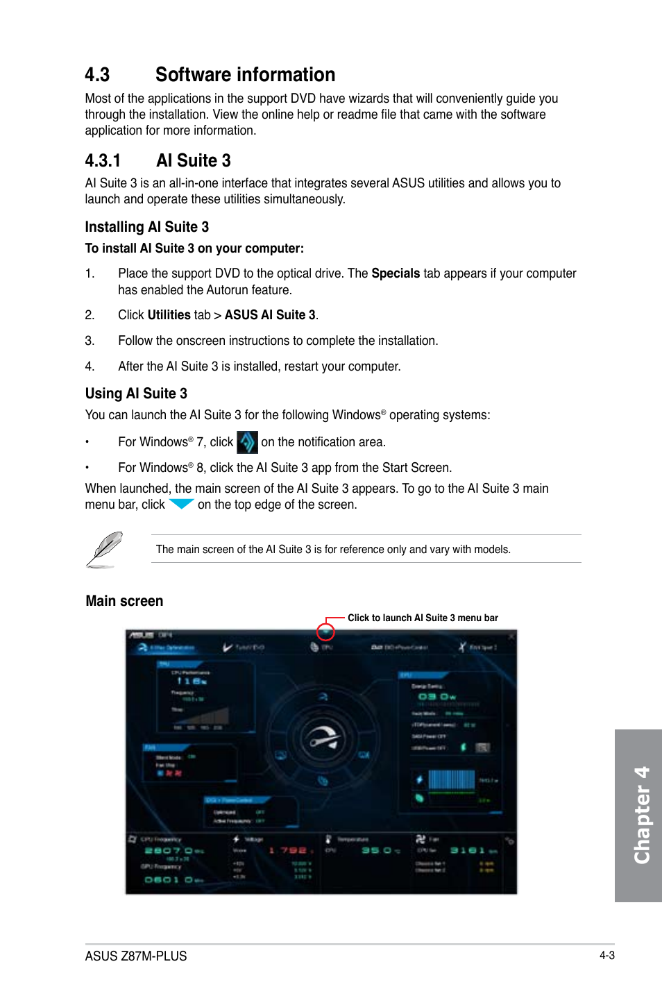 Chapter 4 4.3 software information, 1 ai suite 3 | Asus Z87M-PLUS User Manual | Page 119 / 164