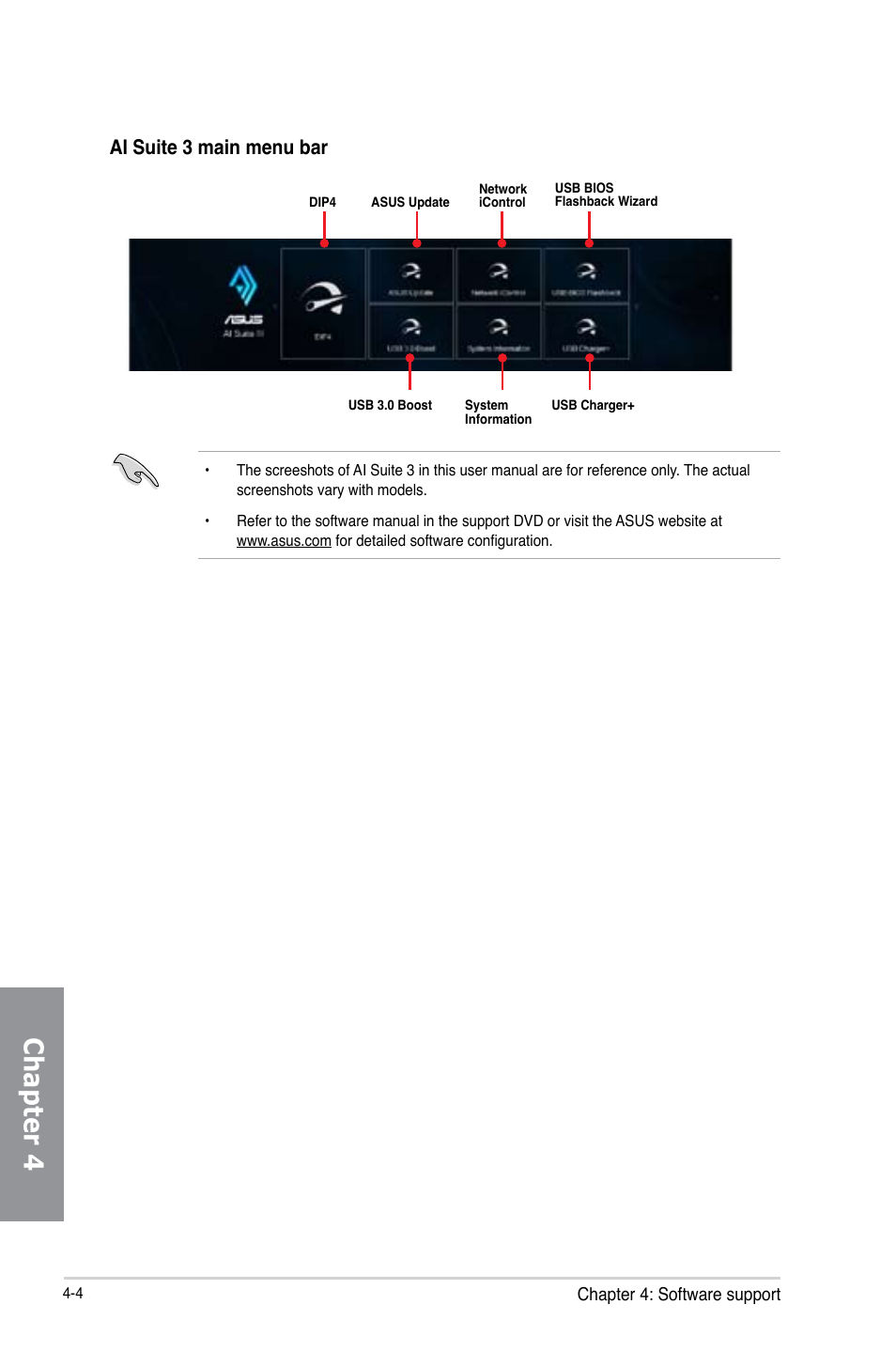 Chapter 4, Ai suite 3 main menu bar | Asus Z87M-PLUS User Manual | Page 120 / 164