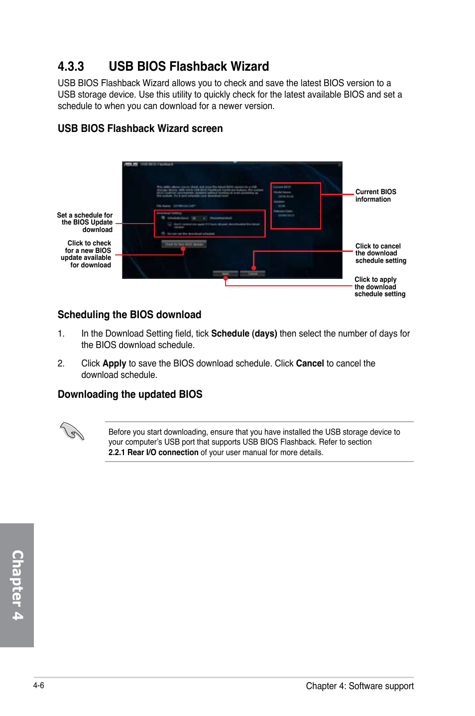 Chapter 4, 3 usb bios flashback wizard, Scheduling the bios download | Downloading the updated bios, Usb bios flashback wizard screen | Asus Z87M-PLUS User Manual | Page 122 / 164