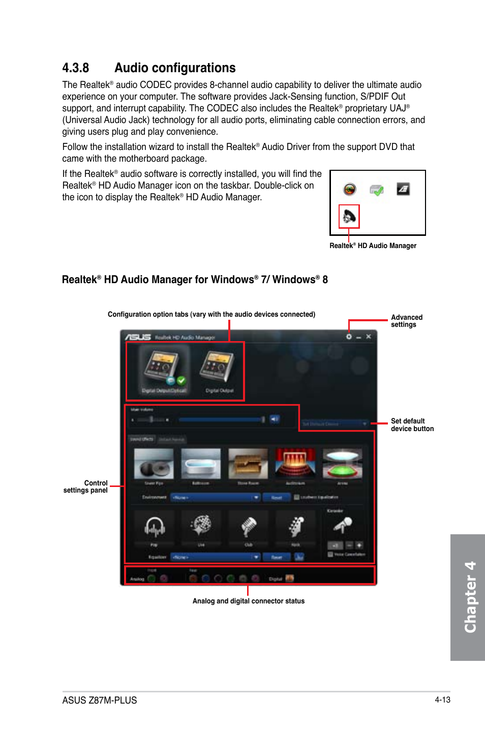 Chapter 4, 8 audio configurations, Realtek | Hd audio manager for windows, 7/ windows | Asus Z87M-PLUS User Manual | Page 129 / 164