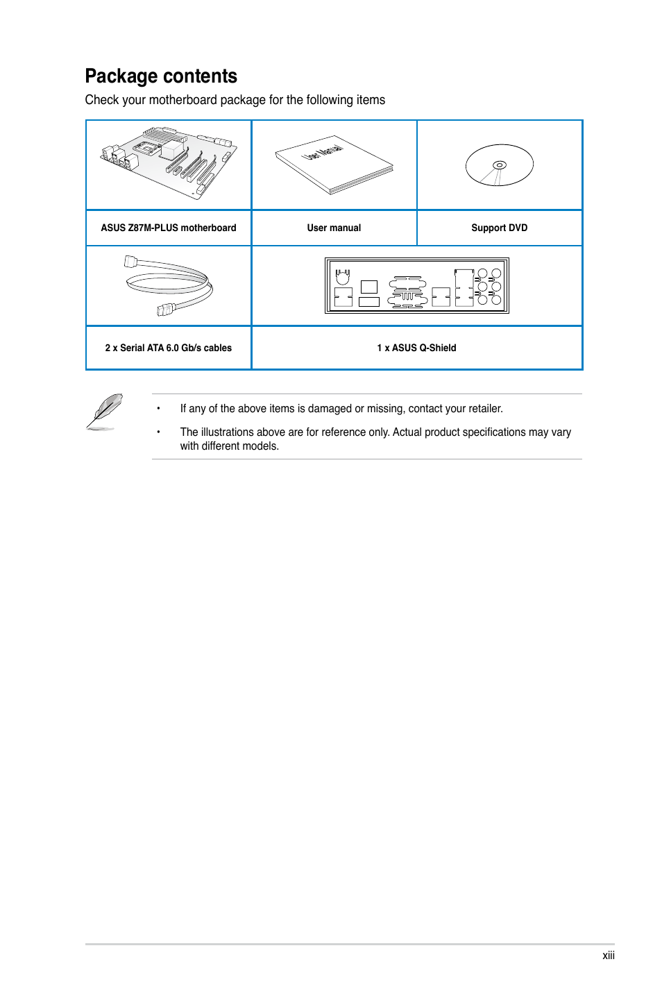 Package contents | Asus Z87M-PLUS User Manual | Page 13 / 164