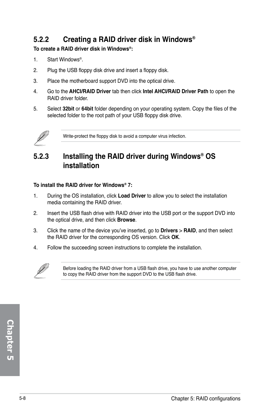 Chapter 5, 2 creating a raid driver disk in windows, 3 installing the raid driver during windows | Os installation | Asus Z87M-PLUS User Manual | Page 140 / 164