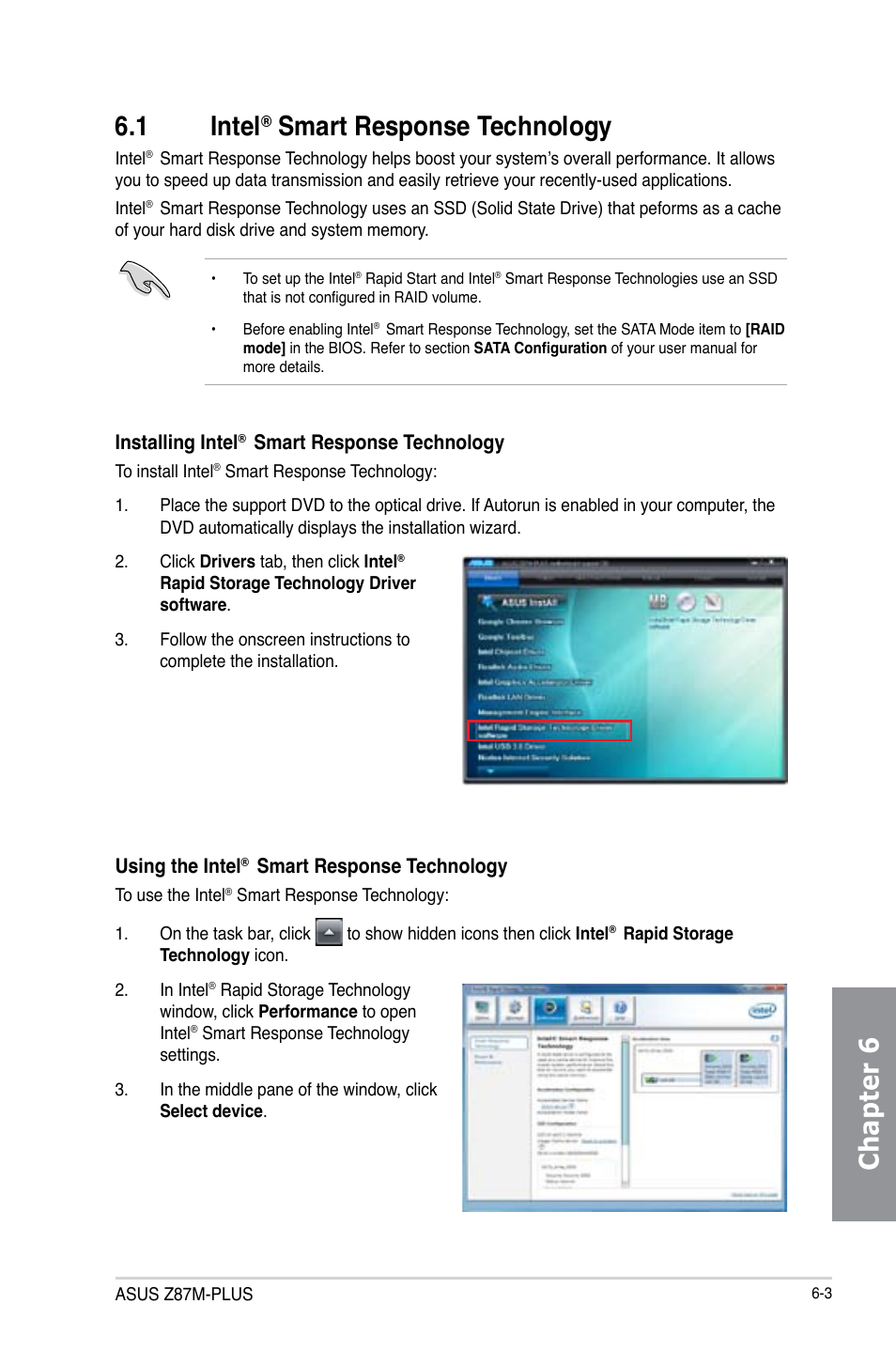 Chapter 6 6.1 intel, Smart response technology | Asus Z87M-PLUS User Manual | Page 143 / 164