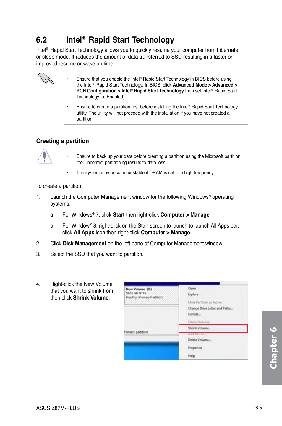 Chapter 6, 2 intel, Rapid start technology | Creating a partition | Asus Z87M-PLUS User Manual | Page 145 / 164