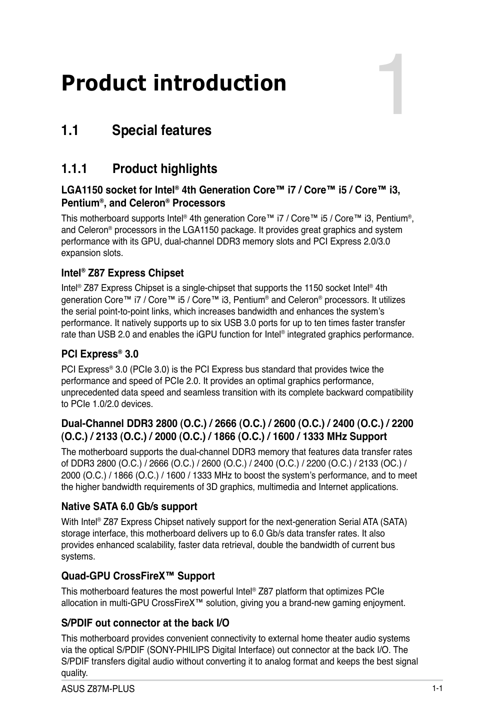 Product introduction, Chapter 1, 1 special features | 1 product highlights | Asus Z87M-PLUS User Manual | Page 15 / 164