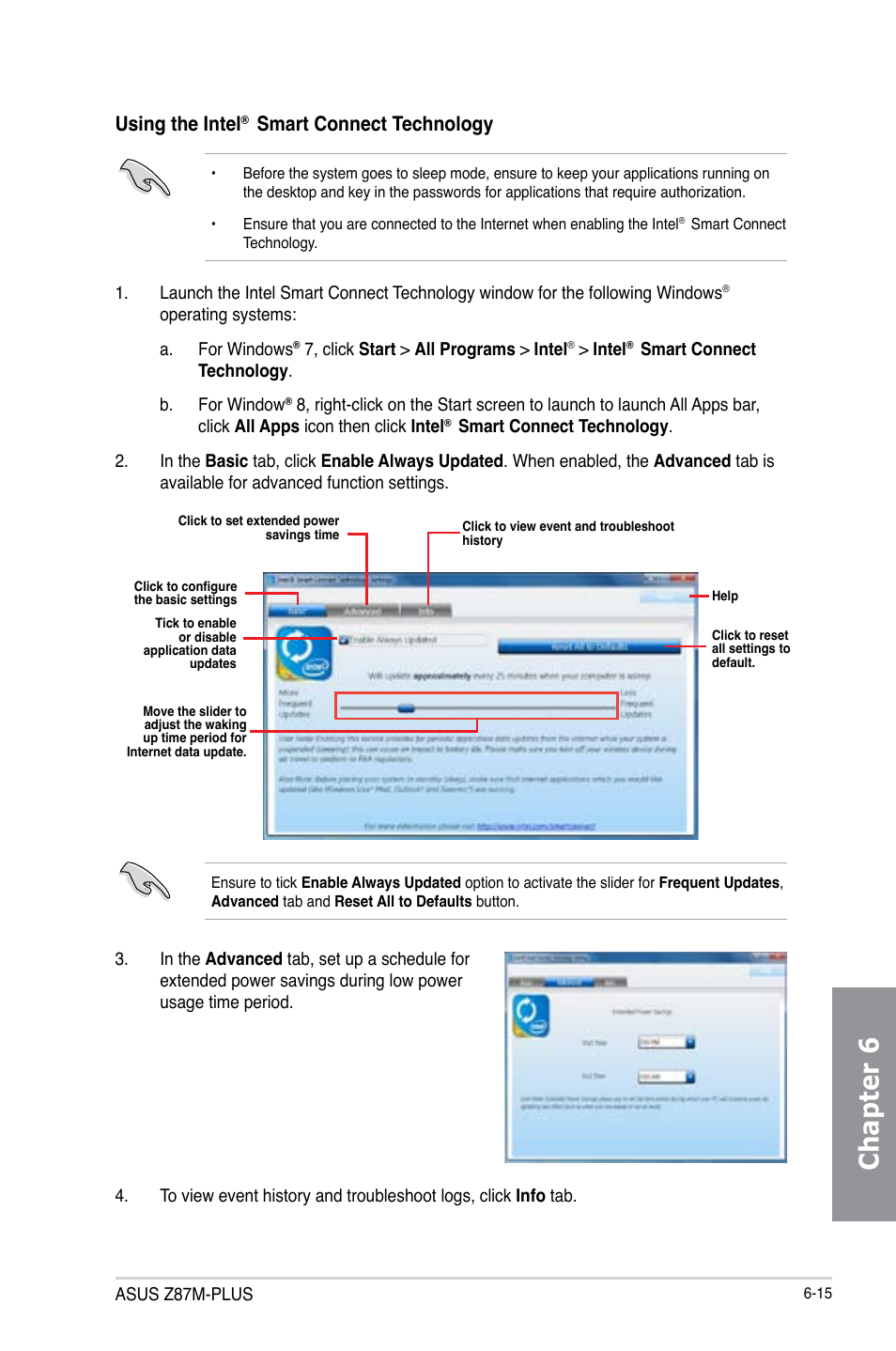 Chapter 6, Using the intel, Smart connect technology | Asus Z87M-PLUS User Manual | Page 155 / 164