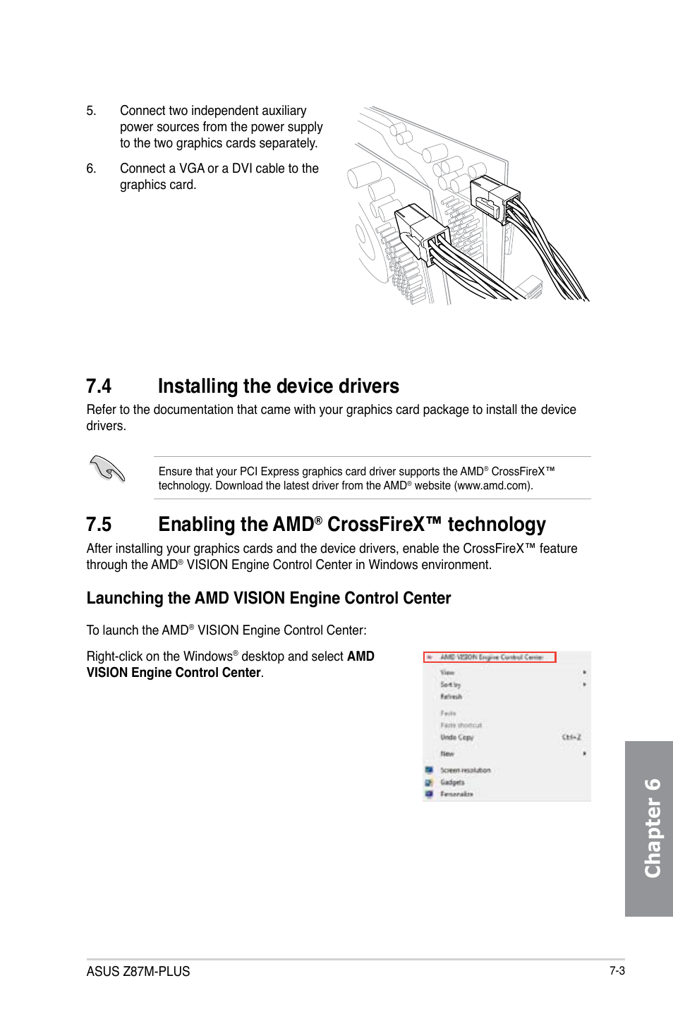 Chapter 6, 4 installing the device drivers, 5 enabling the amd | Crossfirex™ technology, Launching the amd vision engine control center | Asus Z87M-PLUS User Manual | Page 159 / 164