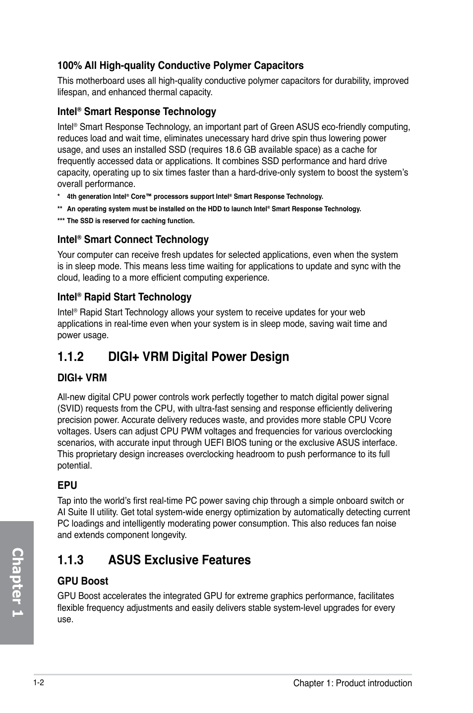 Chapter 1, 2 digi+ vrm digital power design, 3 asus exclusive features | Asus Z87M-PLUS User Manual | Page 16 / 164