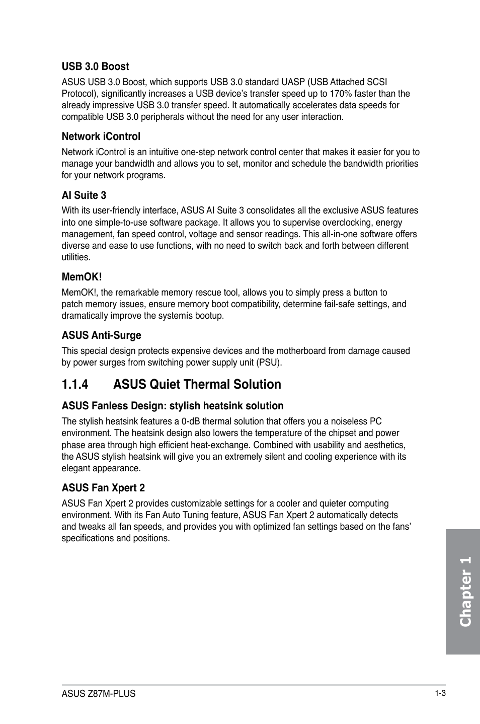 Chapter 1, 4 asus quiet thermal solution | Asus Z87M-PLUS User Manual | Page 17 / 164