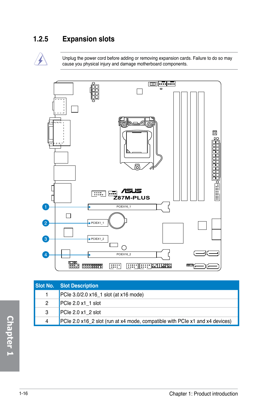 Chapter 1, 5 expansion slots | Asus Z87M-PLUS User Manual | Page 30 / 164