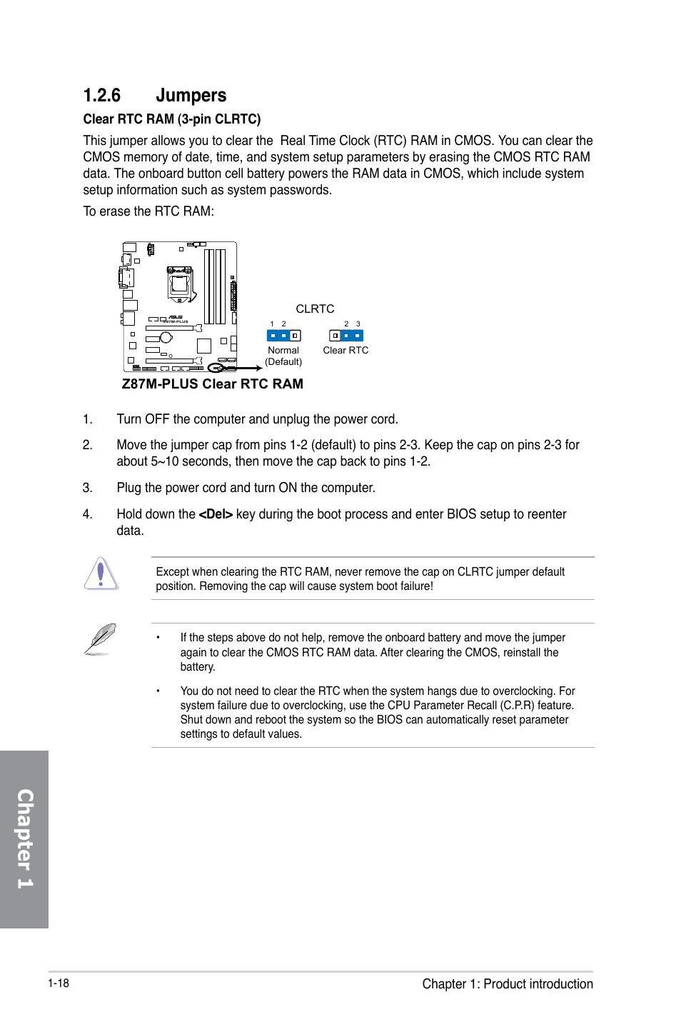 Chapter 1, 6 jumpers | Asus Z87M-PLUS User Manual | Page 32 / 164