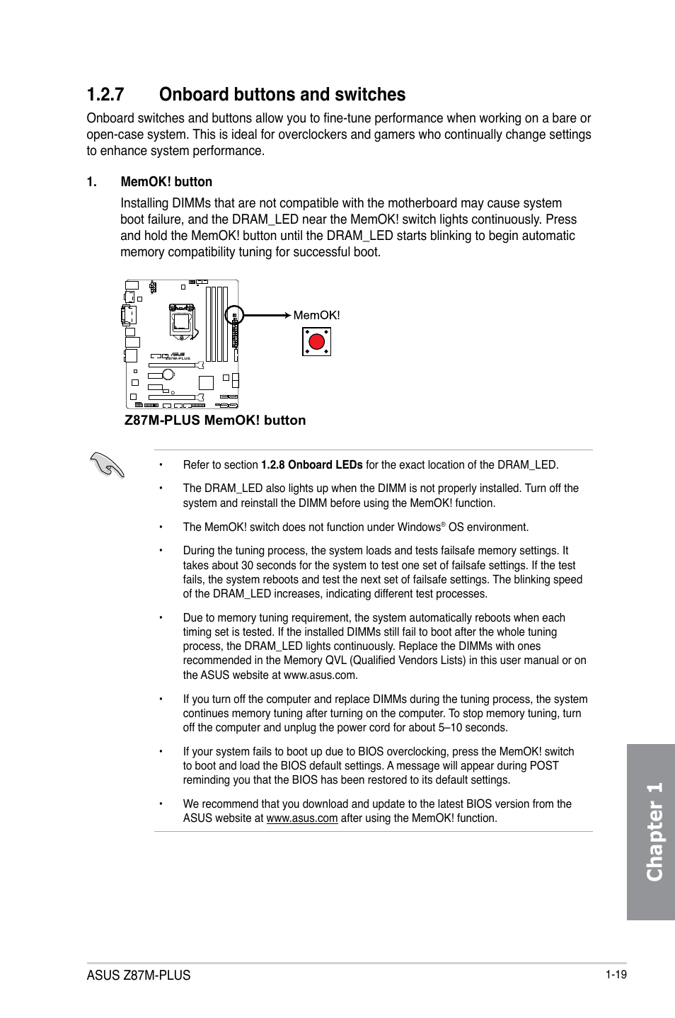 Chapter 1, 7 onboard buttons and switches | Asus Z87M-PLUS User Manual | Page 33 / 164