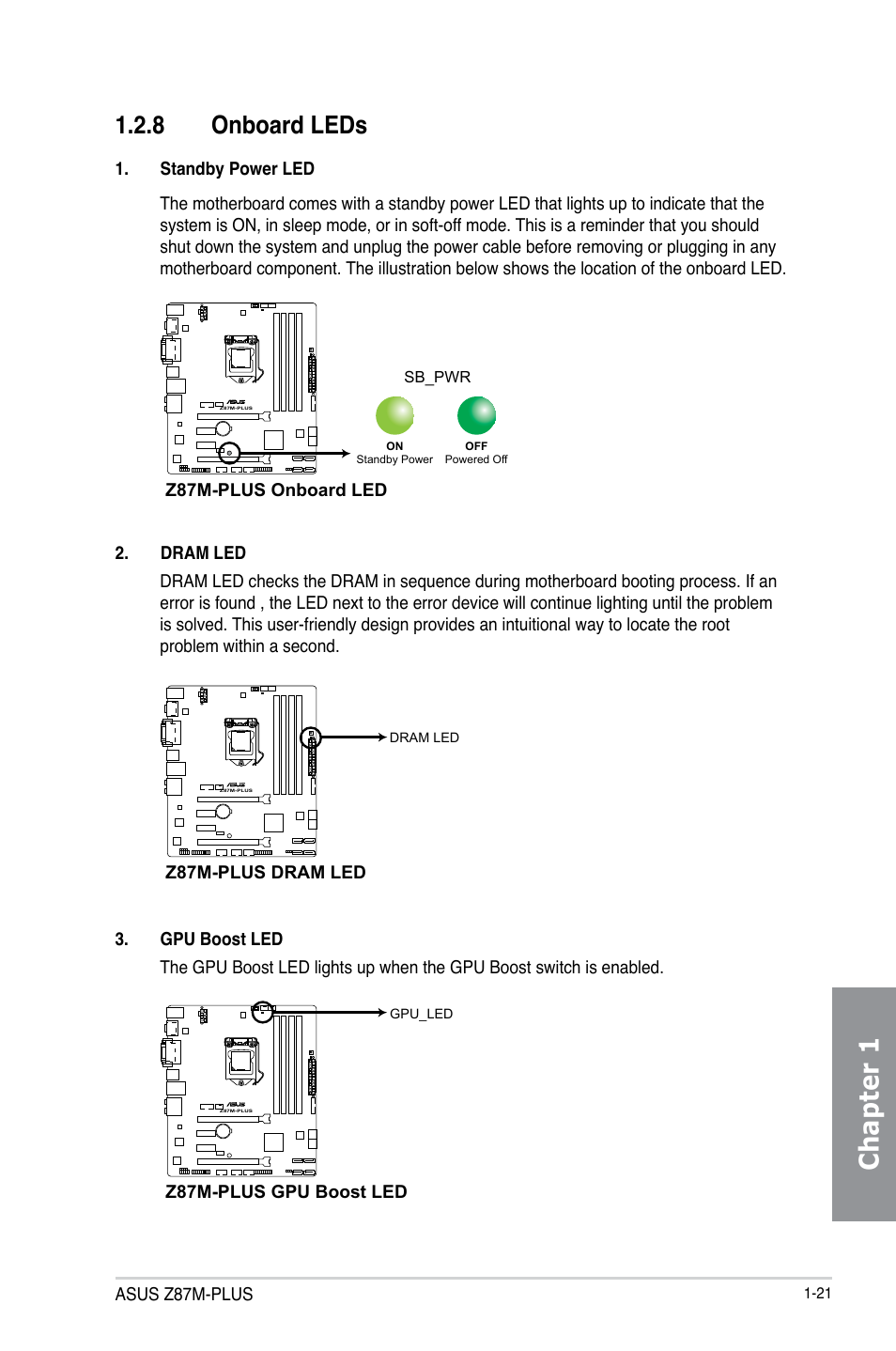 Chapter 1, 8 onboard leds | Asus Z87M-PLUS User Manual | Page 35 / 164