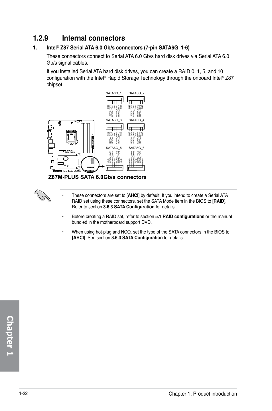 Chapter 1, 9 internal connectors, Chapter 1: product introduction | Intel, Rapid storage technology through the onboard intel, Z87 chipset, Z87m-plus sata 6.0gb/s connectors | Asus Z87M-PLUS User Manual | Page 36 / 164