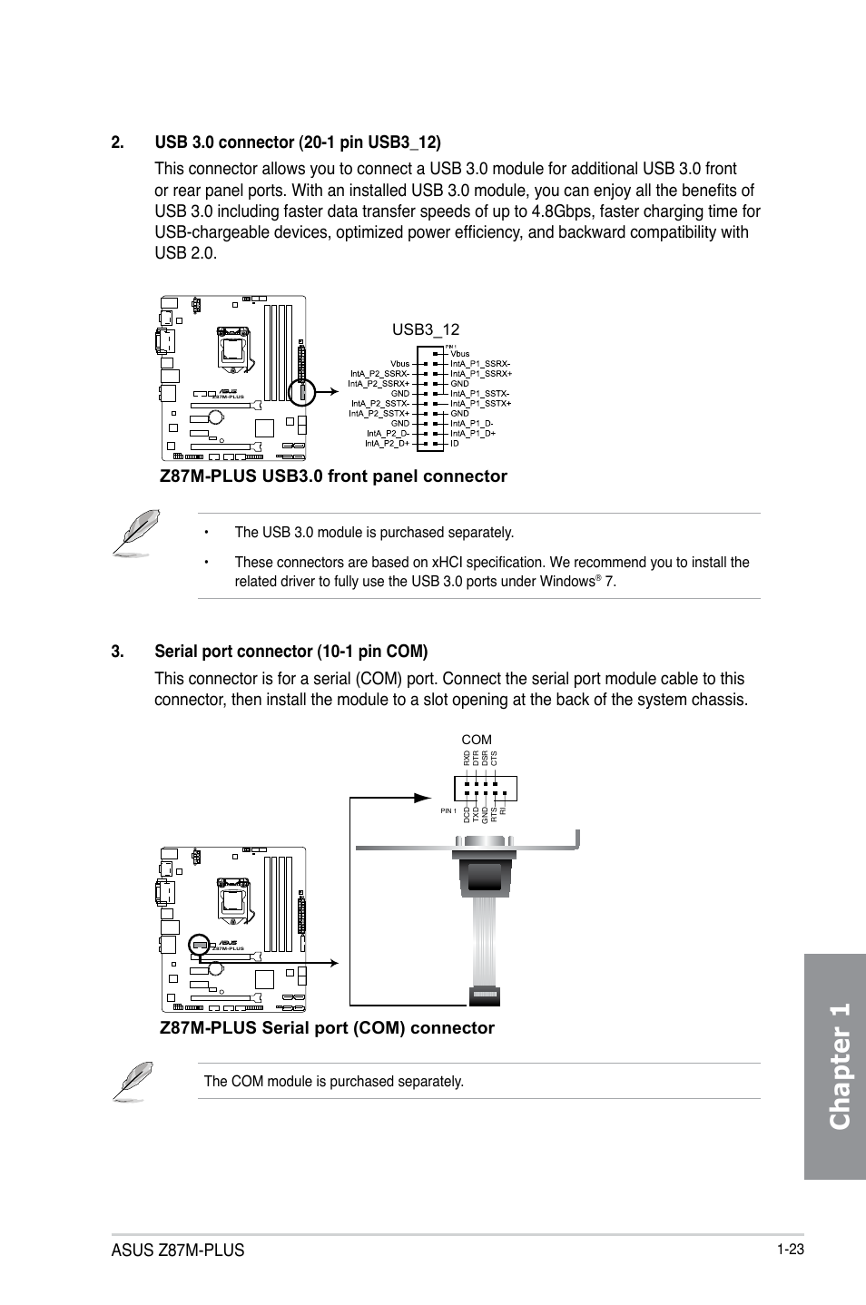 Chapter 1, Asus z87m-plus, Z87m-plus usb3.0 front panel connector | Z87m-plus serial port (com) connector, Usb3_12 | Asus Z87M-PLUS User Manual | Page 37 / 164