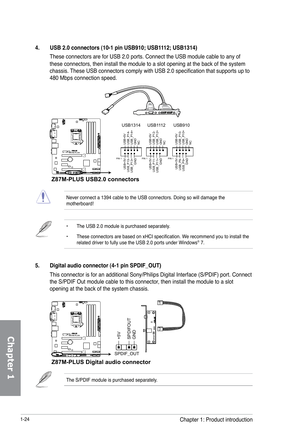 Chapter 1, Chapter 1: product introduction, Z87m-plus digital audio connector | Z87m-plus usb2.0 connectors | Asus Z87M-PLUS User Manual | Page 38 / 164