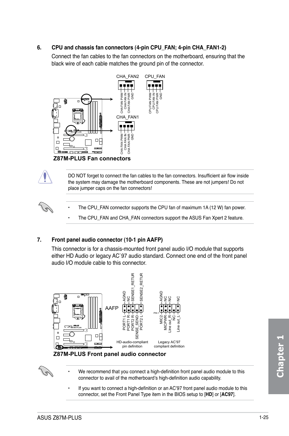 Chapter 1, Asus z87m-plus, Z87m-plus front panel audio connector | Aafp | Asus Z87M-PLUS User Manual | Page 39 / 164