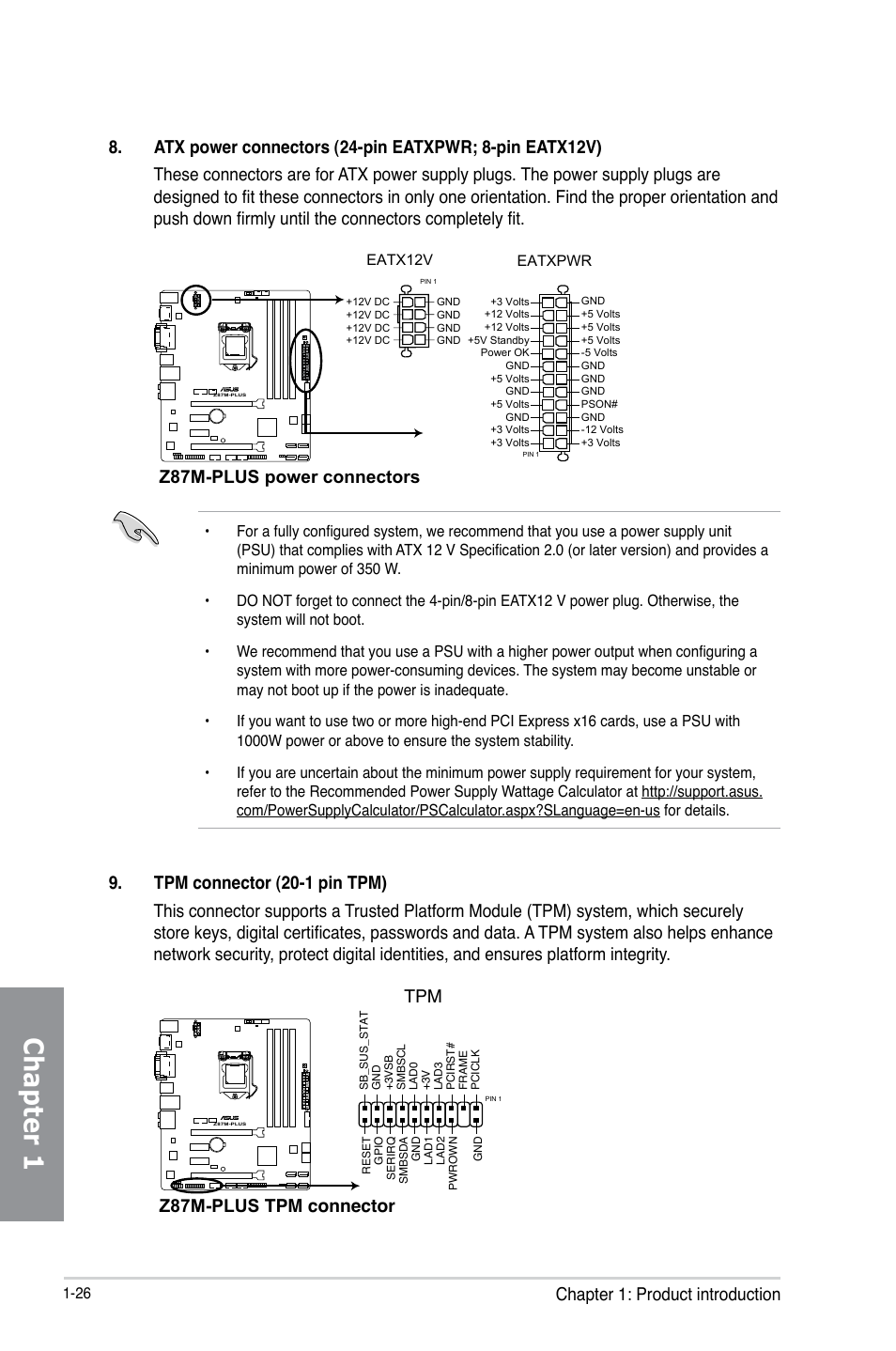 Chapter 1, Chapter 1: product introduction, Z87m-plus power connectors | Z87m-plus tpm connector | Asus Z87M-PLUS User Manual | Page 40 / 164