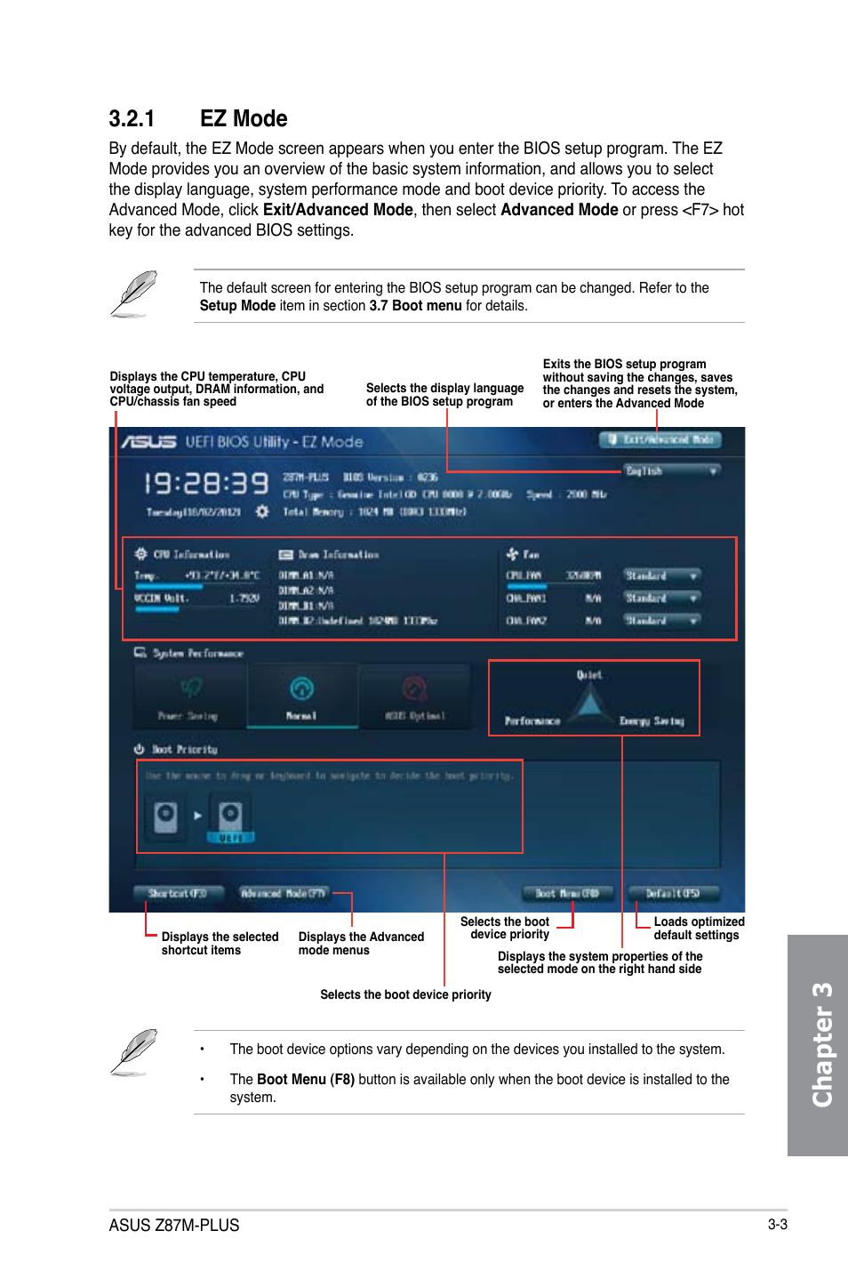 Chapter 3, 1 ez mode | Asus Z87M-PLUS User Manual | Page 61 / 164