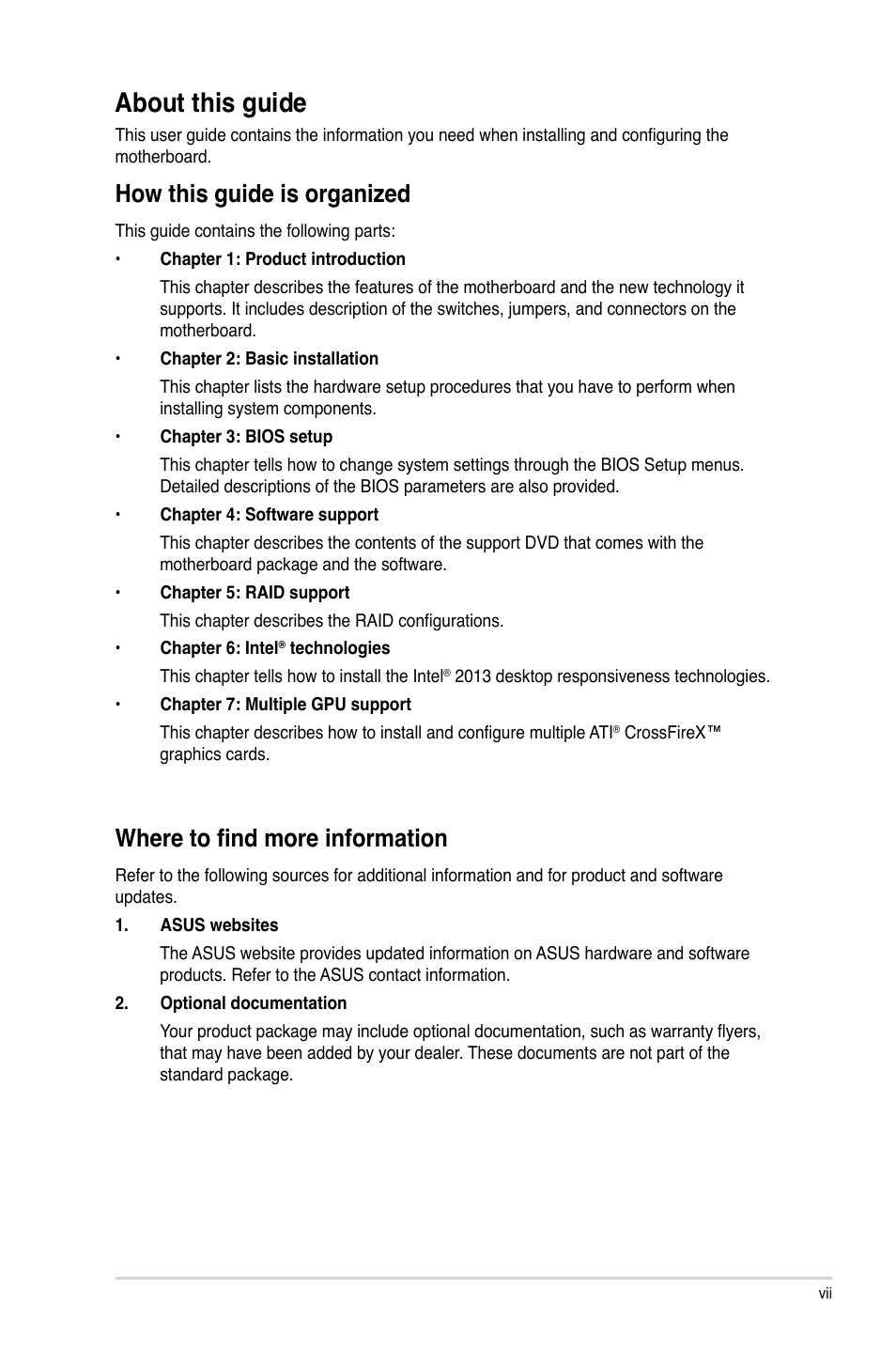 About this guide, How this guide is organized, Where to find more information | Asus Z87M-PLUS User Manual | Page 7 / 164