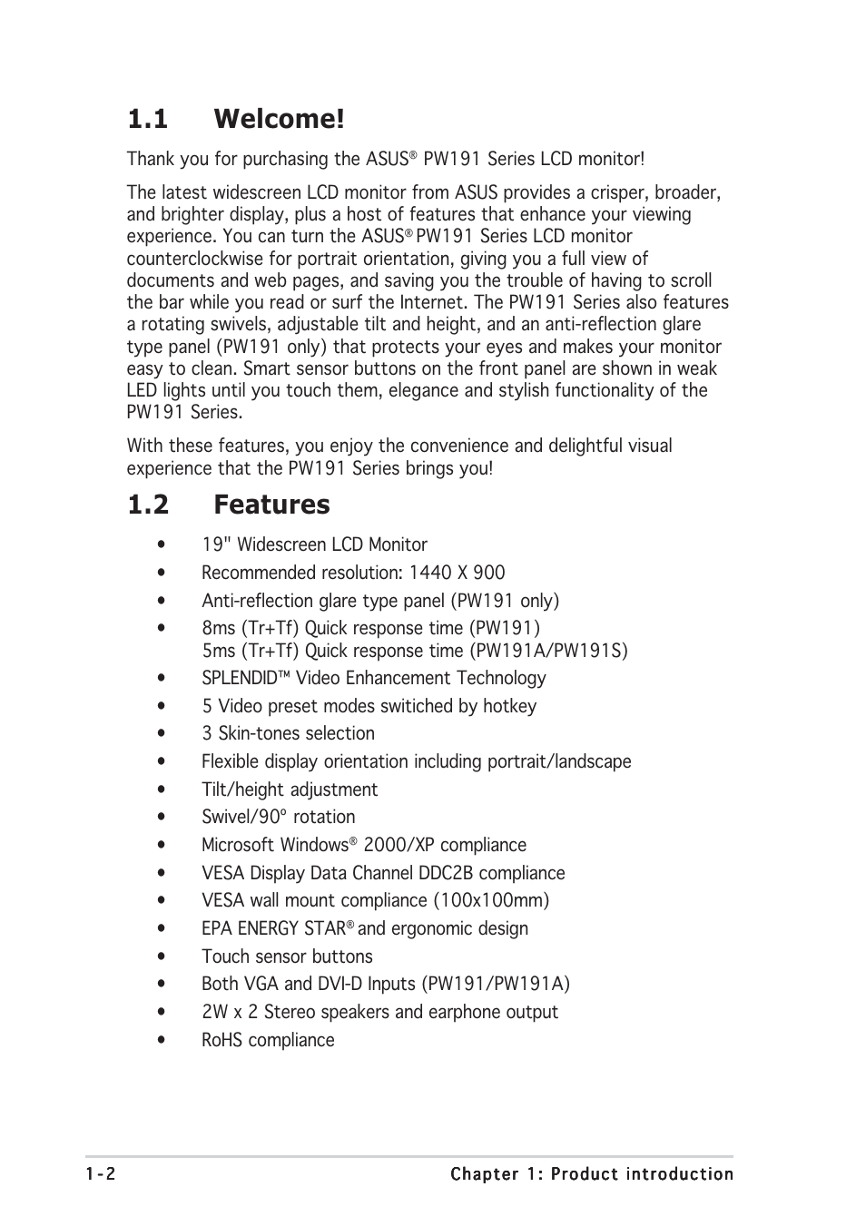 1 welcome, 2 features | Asus PW191S User Manual | Page 10 / 34