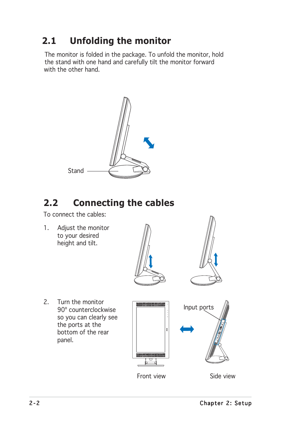 2 connecting the cables, 1 unfolding the monitor | Asus PW191S User Manual | Page 16 / 34