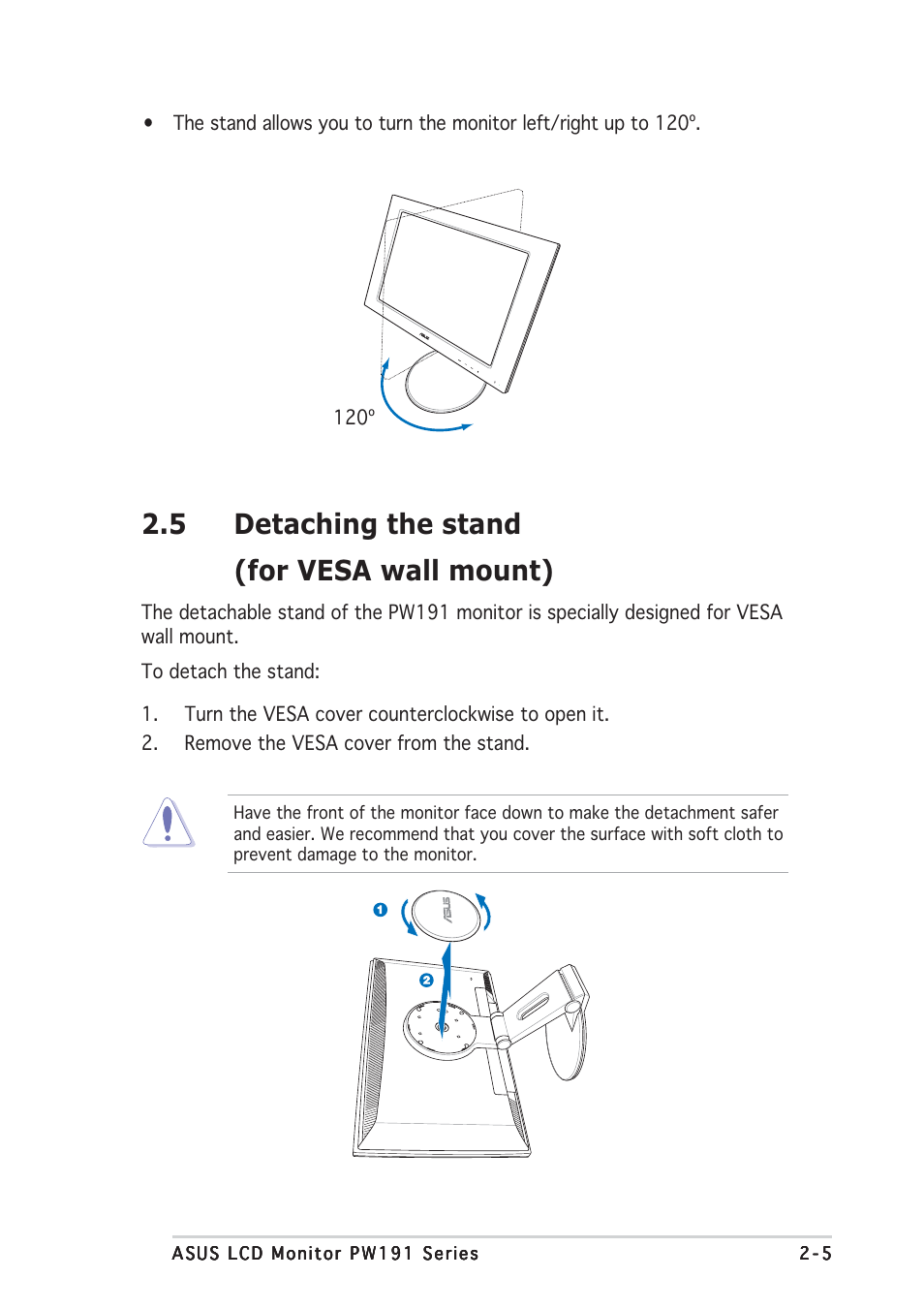 5 detaching the stand (for vesa wall mount) | Asus PW191S User Manual | Page 19 / 34