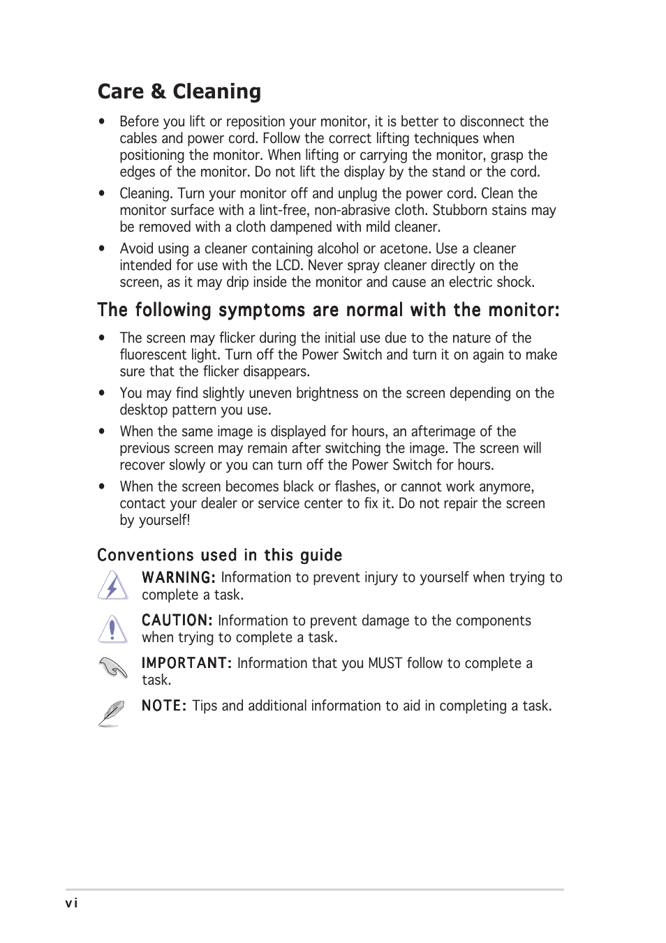 Care & cleaning, The following symptoms are normal with the monitor | Asus PW191S User Manual | Page 6 / 34