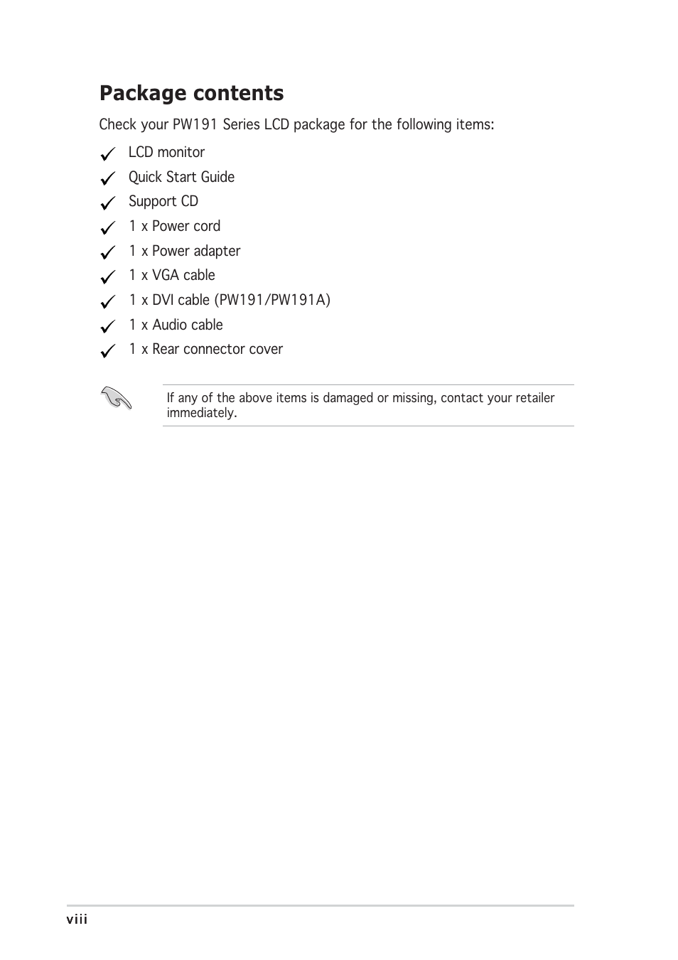 Package contents | Asus PW191S User Manual | Page 8 / 34