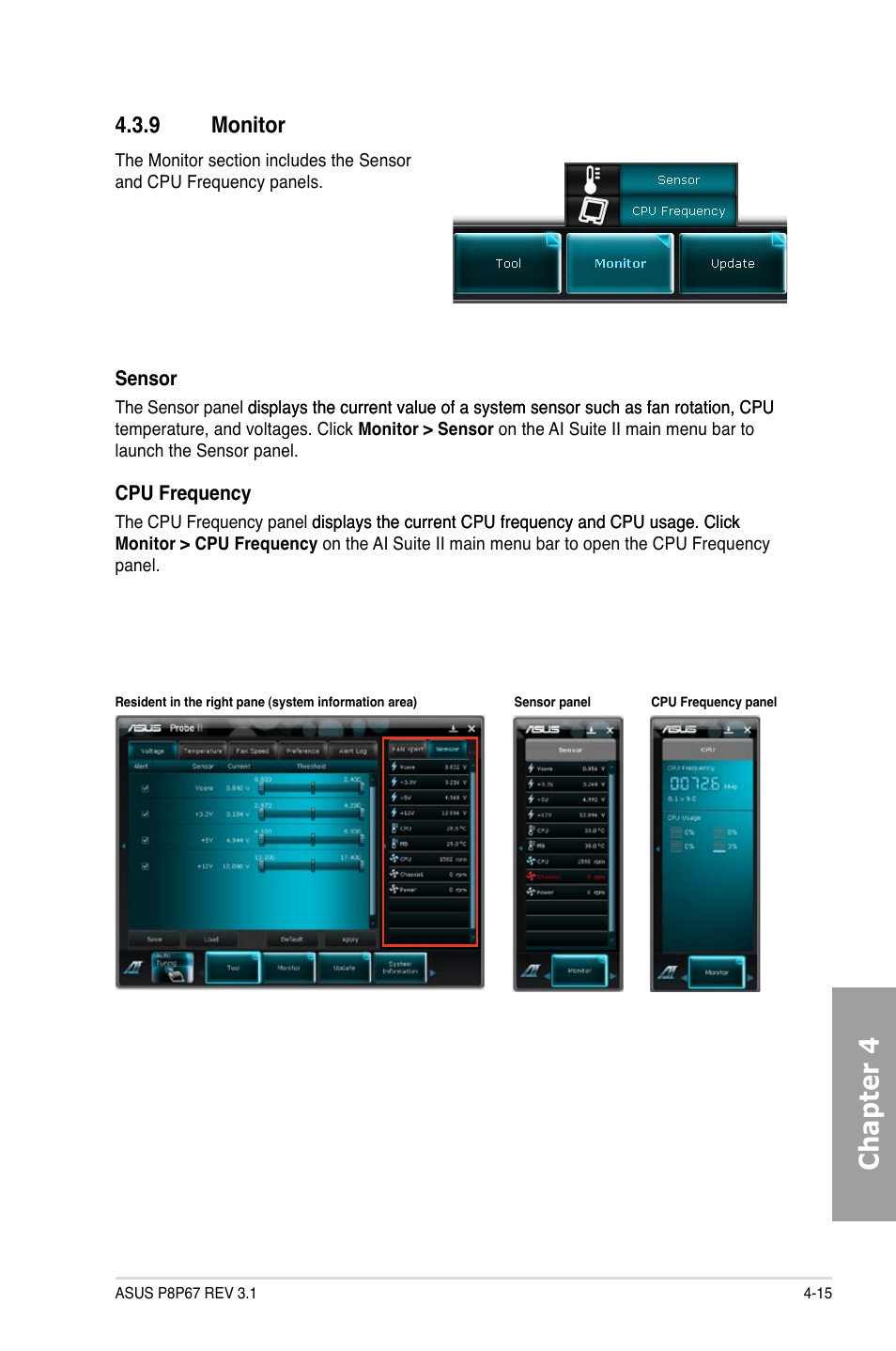 Monitor -15, Chapter 4, 9 monitor | Asus P8P67 (REV 3.1) User Manual | Page 119 / 136