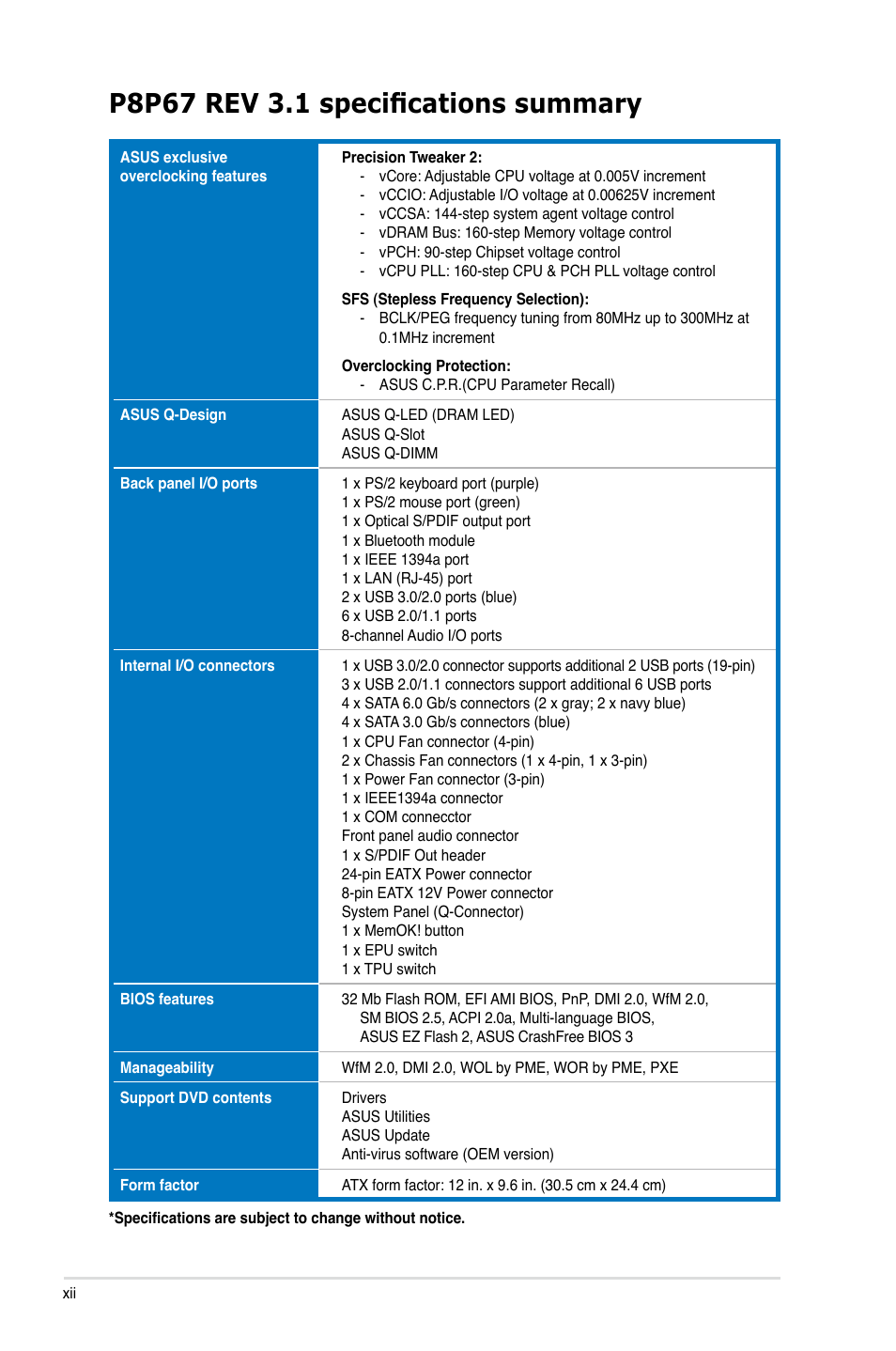 Asus P8P67 (REV 3.1) User Manual | Page 12 / 136