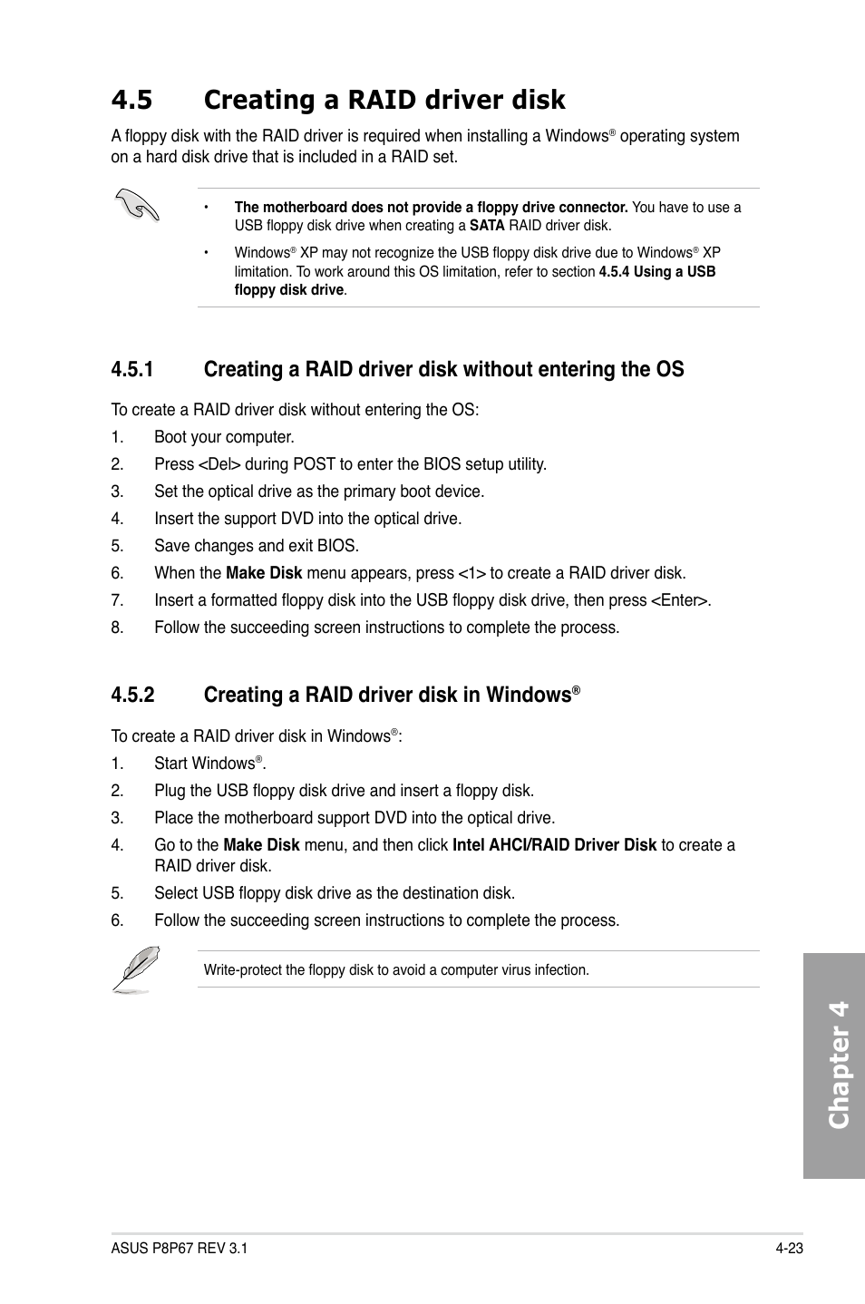 Creating a raid driver disk -23 4.5.1, Creating a raid driver disk in windows, Chapter 4 4.5 creating a raid driver disk | 2 creating a raid driver disk in windows | Asus P8P67 (REV 3.1) User Manual | Page 127 / 136