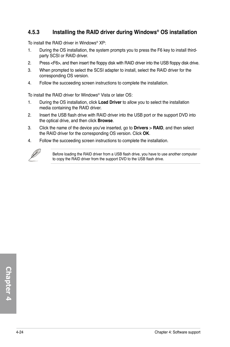 Installing the raid driver during windows, Os installation -24, Chapter 4 | 3 installing the raid driver during windows, Os installation | Asus P8P67 (REV 3.1) User Manual | Page 128 / 136