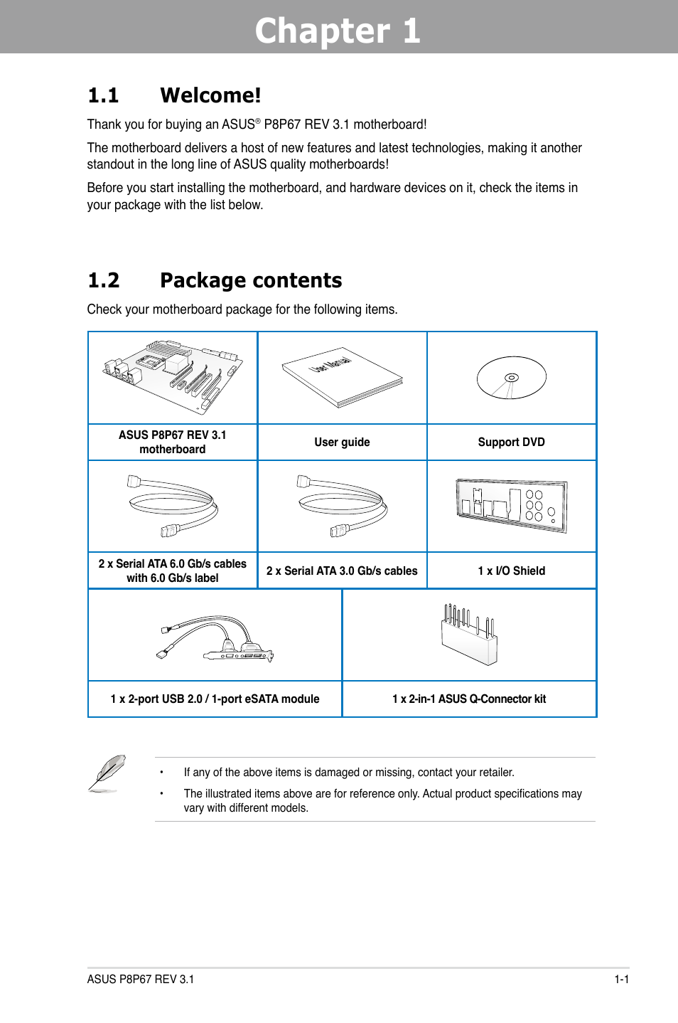 Chapter 1, Product introduction, Welcome! -1 | Package contents -1, Chapter 1 1.1 welcome, 2 package contents | Asus P8P67 (REV 3.1) User Manual | Page 13 / 136