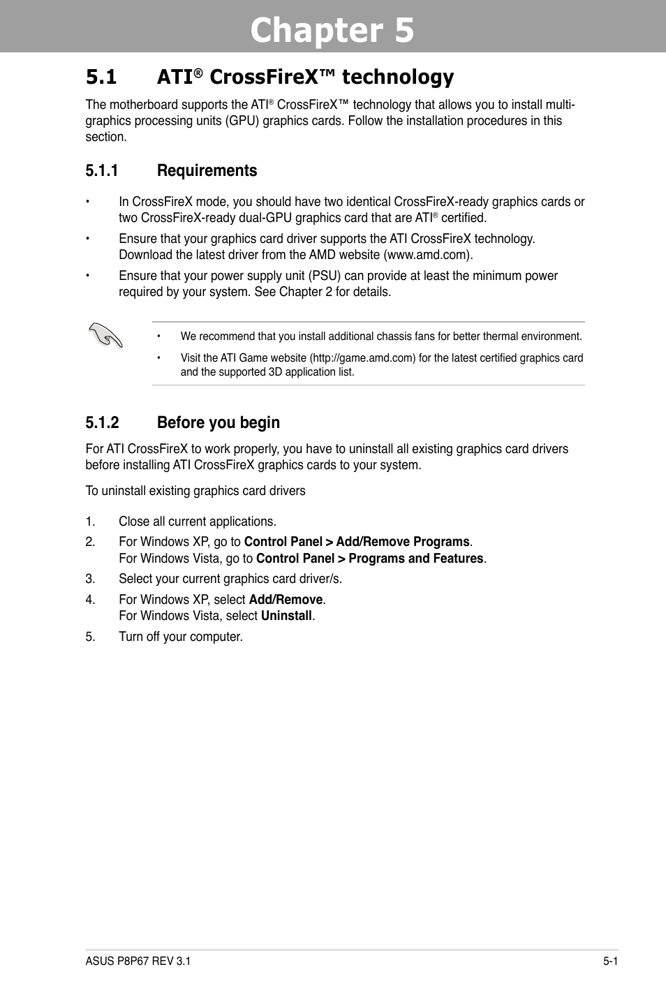 Chapter 5, Crossfirex™ technology support, Crossfirex™ technology -1 | Requirements -1, Before you begin -1, 1 ati, Crossfirex™ technology, 1 requirements, 2 before you begin | Asus P8P67 (REV 3.1) User Manual | Page 131 / 136