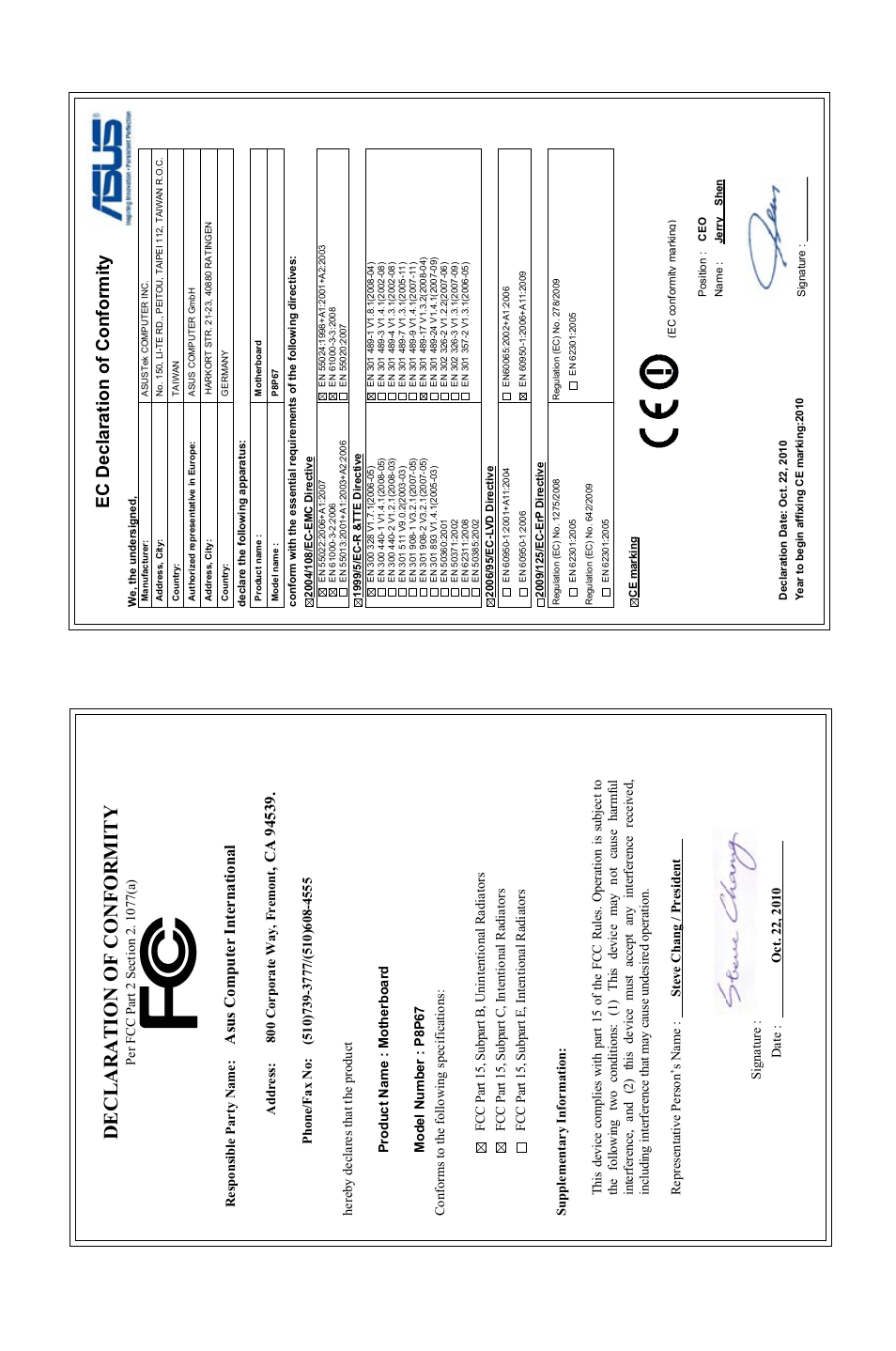 Declaration of conformity, Ec declaration of conformity, Asu s c om pu te r in te rn at io na l | Asus P8P67 (REV 3.1) User Manual | Page 136 / 136