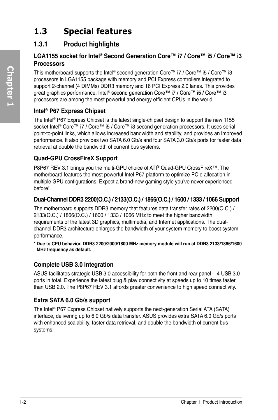 Special features -2 1.3.1, Product highlights -2, Chapter 1 1.3 special features | 1 product highlights | Asus P8P67 (REV 3.1) User Manual | Page 14 / 136