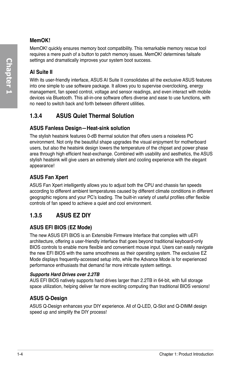 Asus quiet thermal solution -4, Asus ez diy -4, Chapter 1 | 4 asus quiet thermal solution, 5 asus ez diy | Asus P8P67 (REV 3.1) User Manual | Page 16 / 136