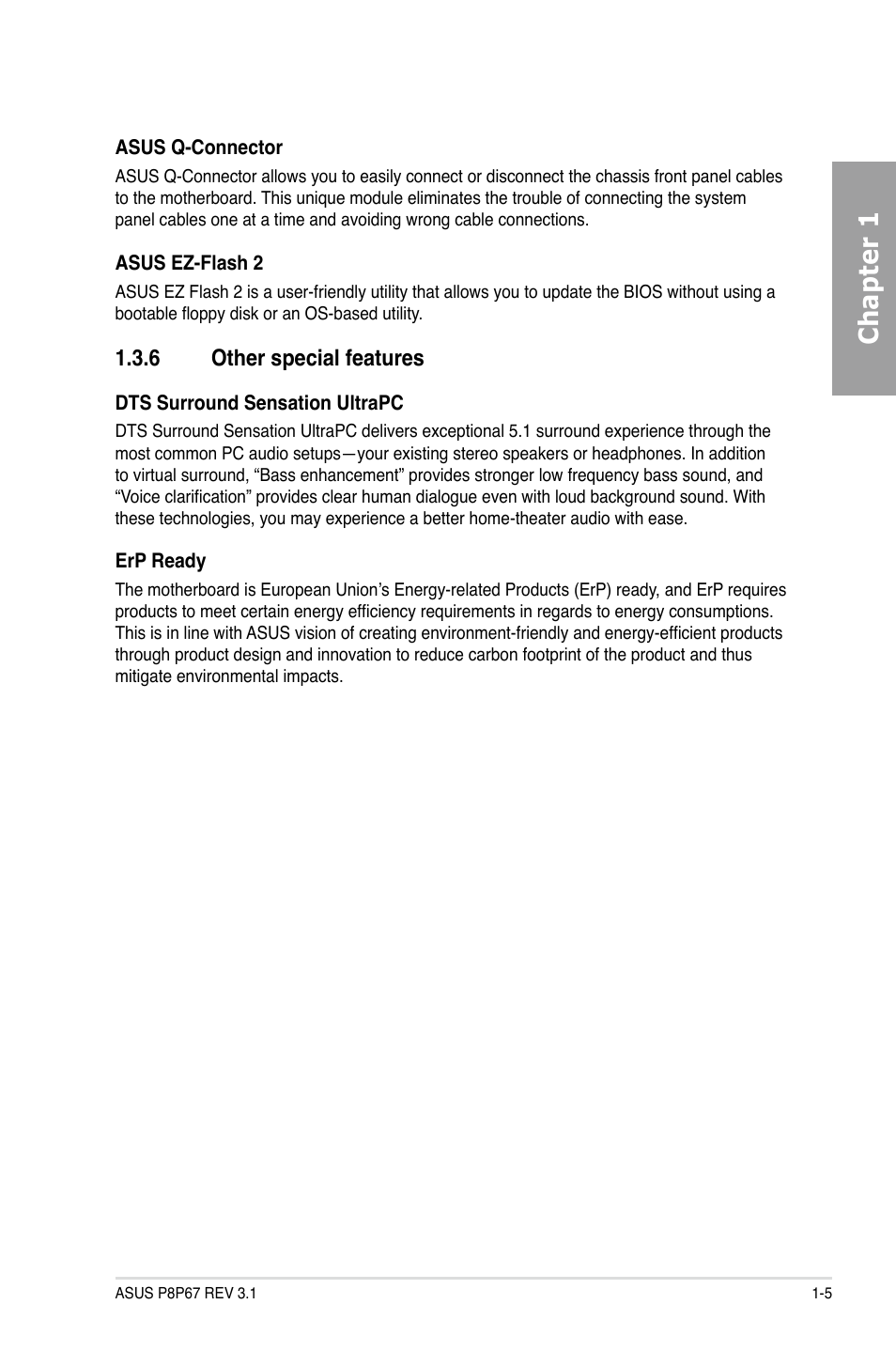 Other special features -5, Chapter 1, 6 other special features | Asus P8P67 (REV 3.1) User Manual | Page 17 / 136