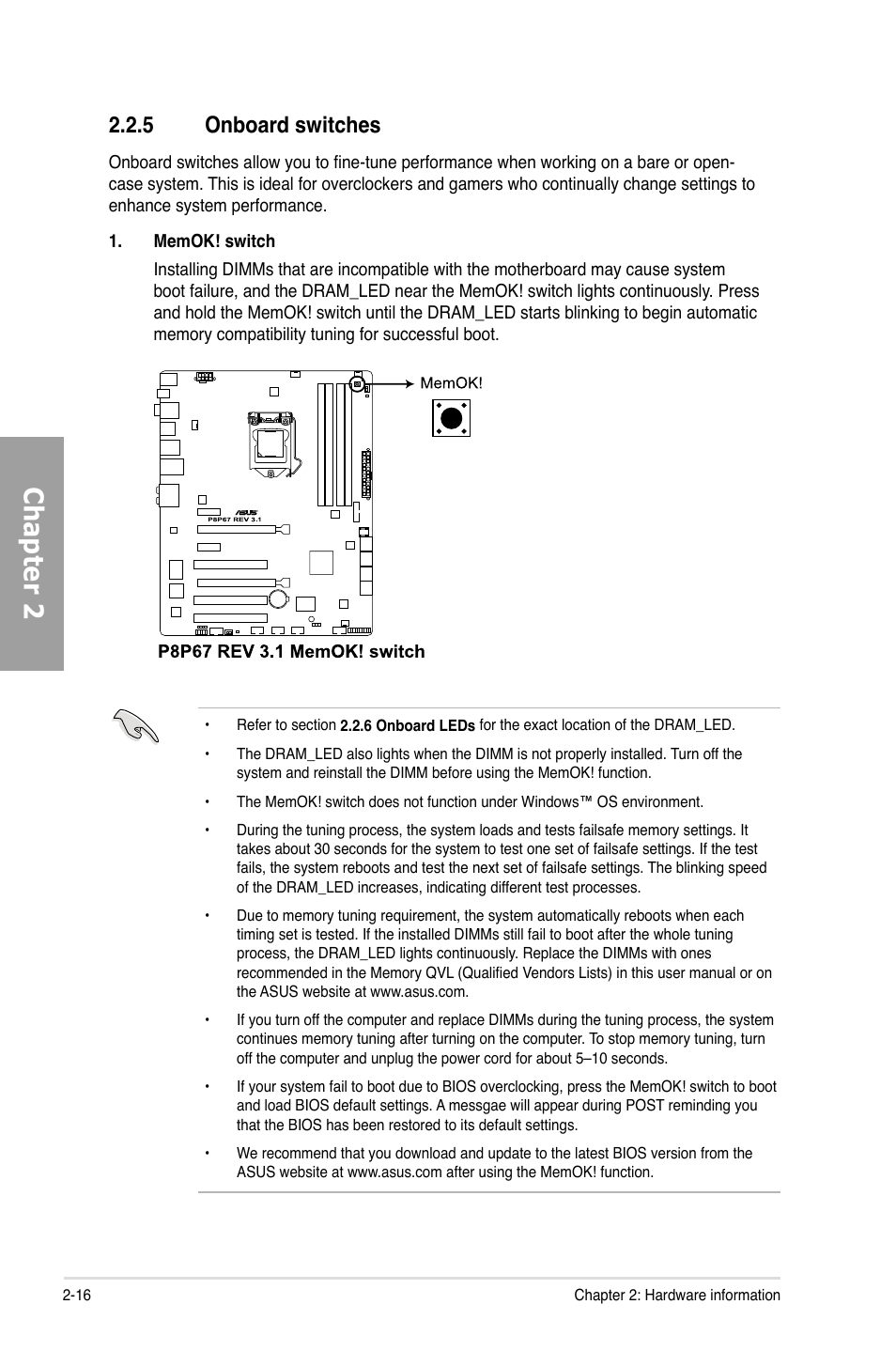 Onboard switches -16, Chapter 2, 5 onboard switches | Asus P8P67 (REV 3.1) User Manual | Page 34 / 136