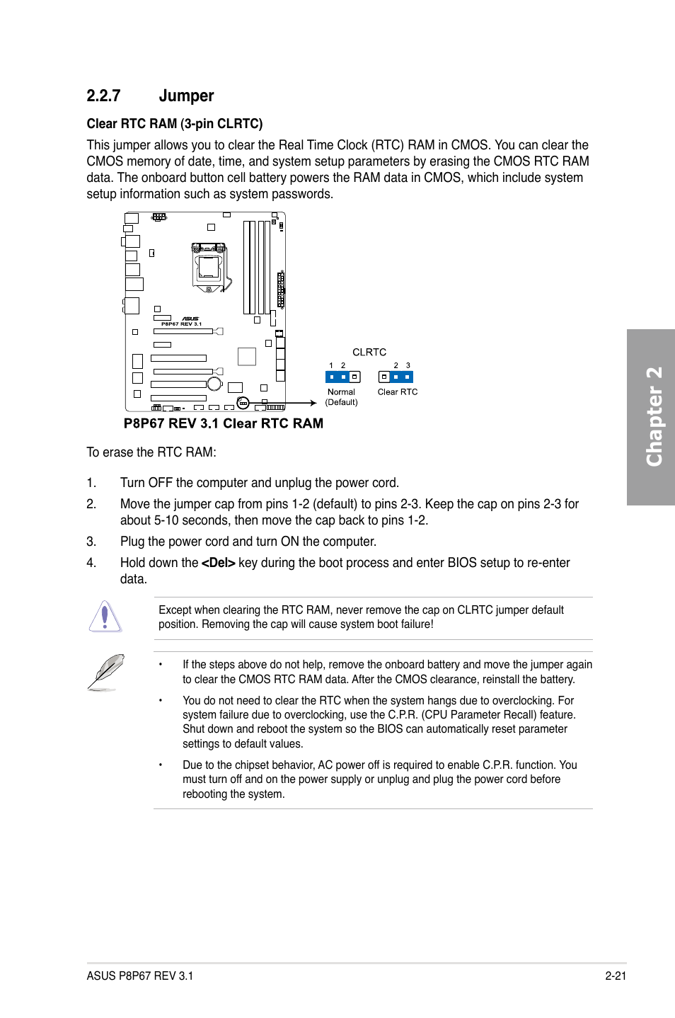 Jumper -21, Chapter 2, 7 jumper | Asus P8P67 (REV 3.1) User Manual | Page 39 / 136