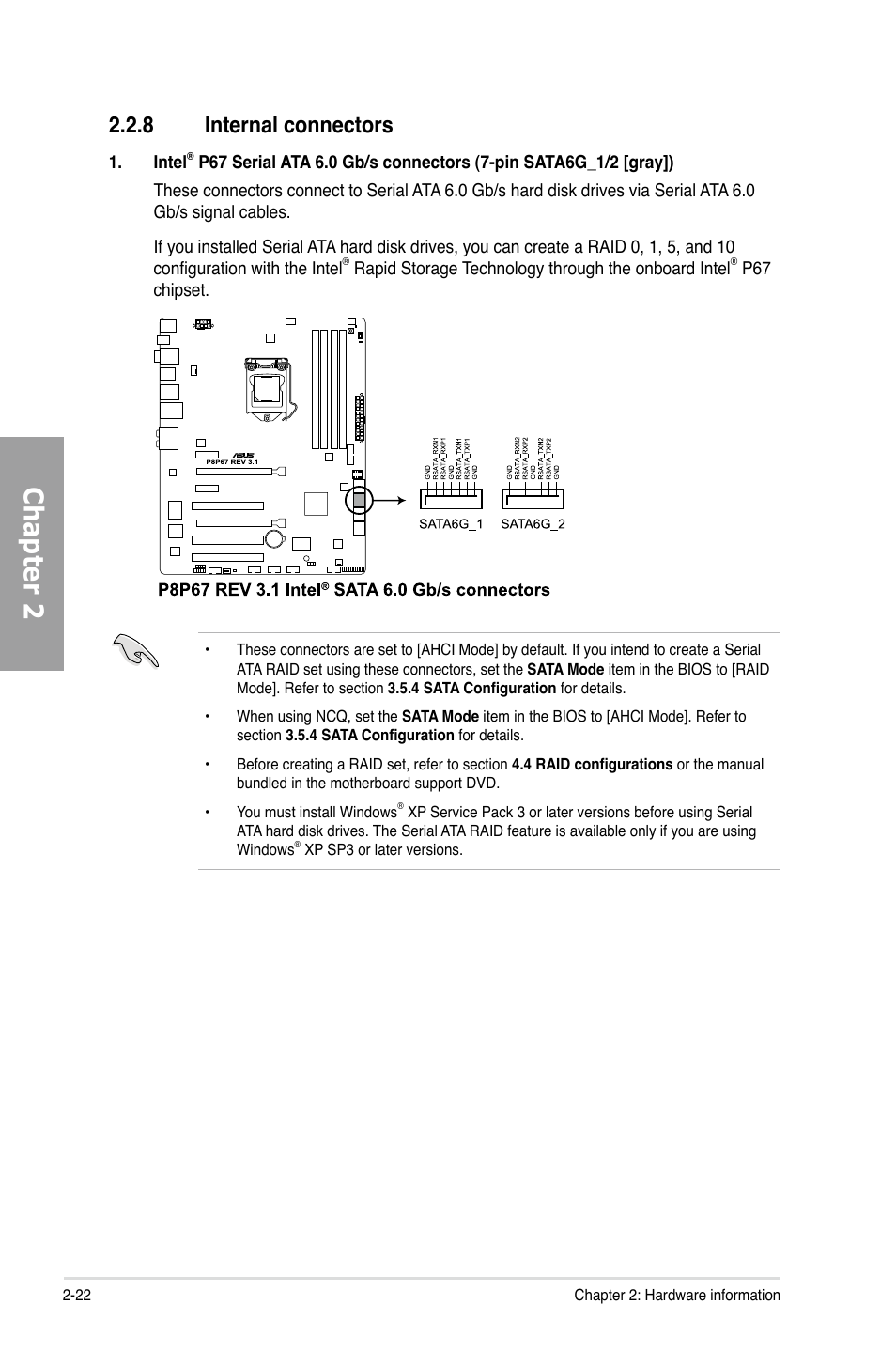 Internal connectors -22, Chapter 2, 8 internal connectors | Asus P8P67 (REV 3.1) User Manual | Page 40 / 136